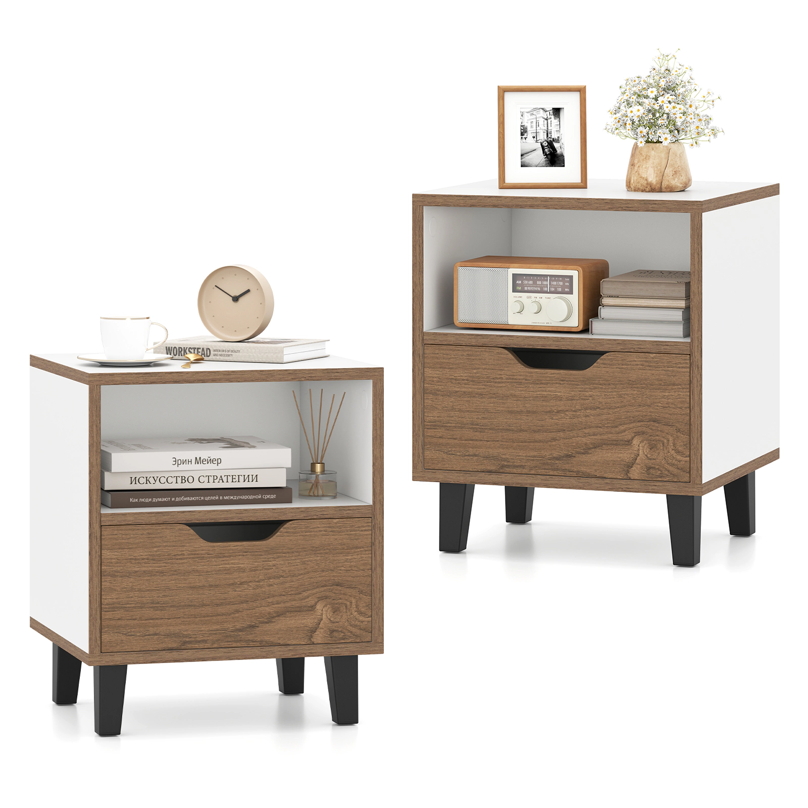 Glintex 2-Piece Compact Color-Blocked Nightstand Set with Deep Drawers, White