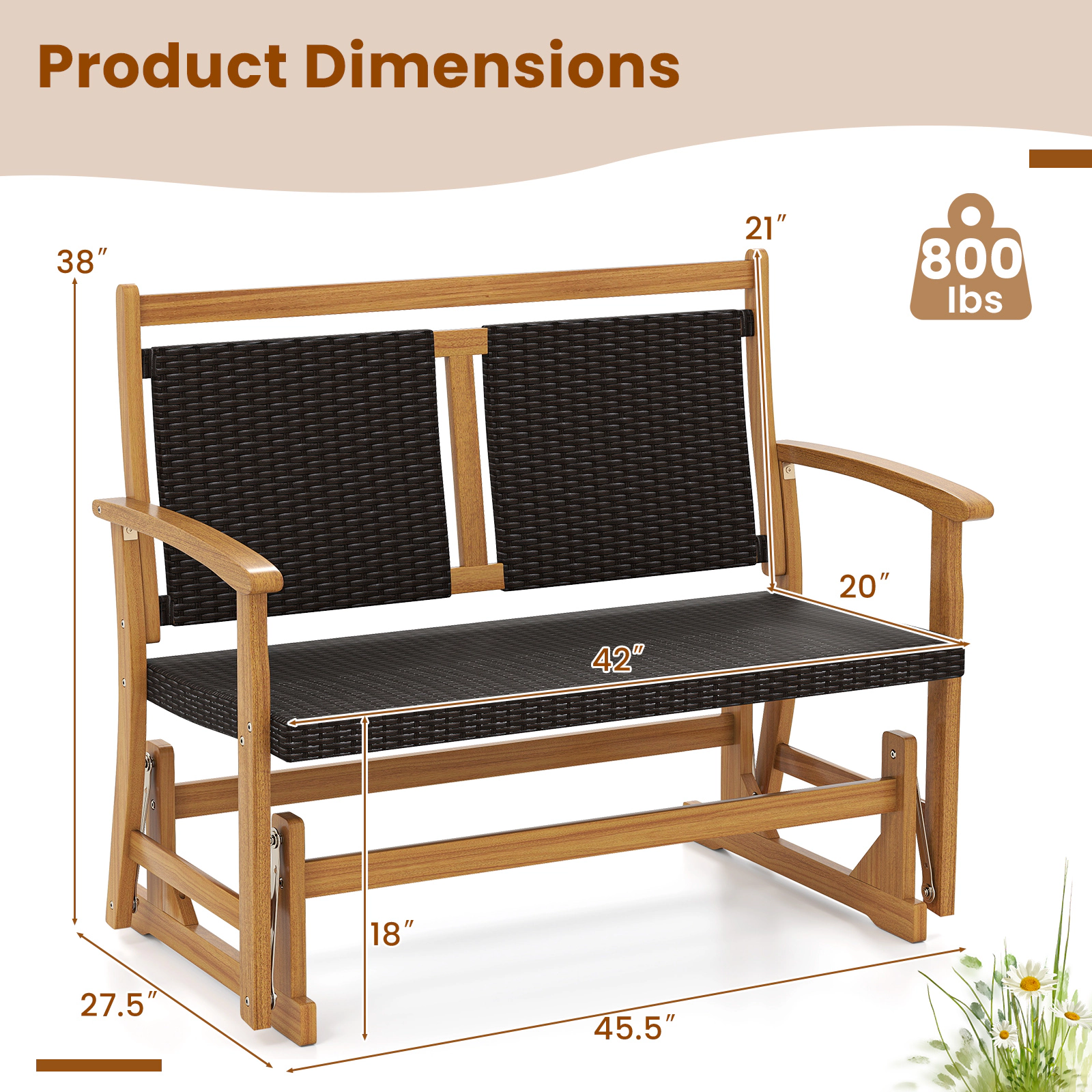 SUGIFT Acacia Wood Frame and Woven Wicker Seat Patio Rattan Glider Chair