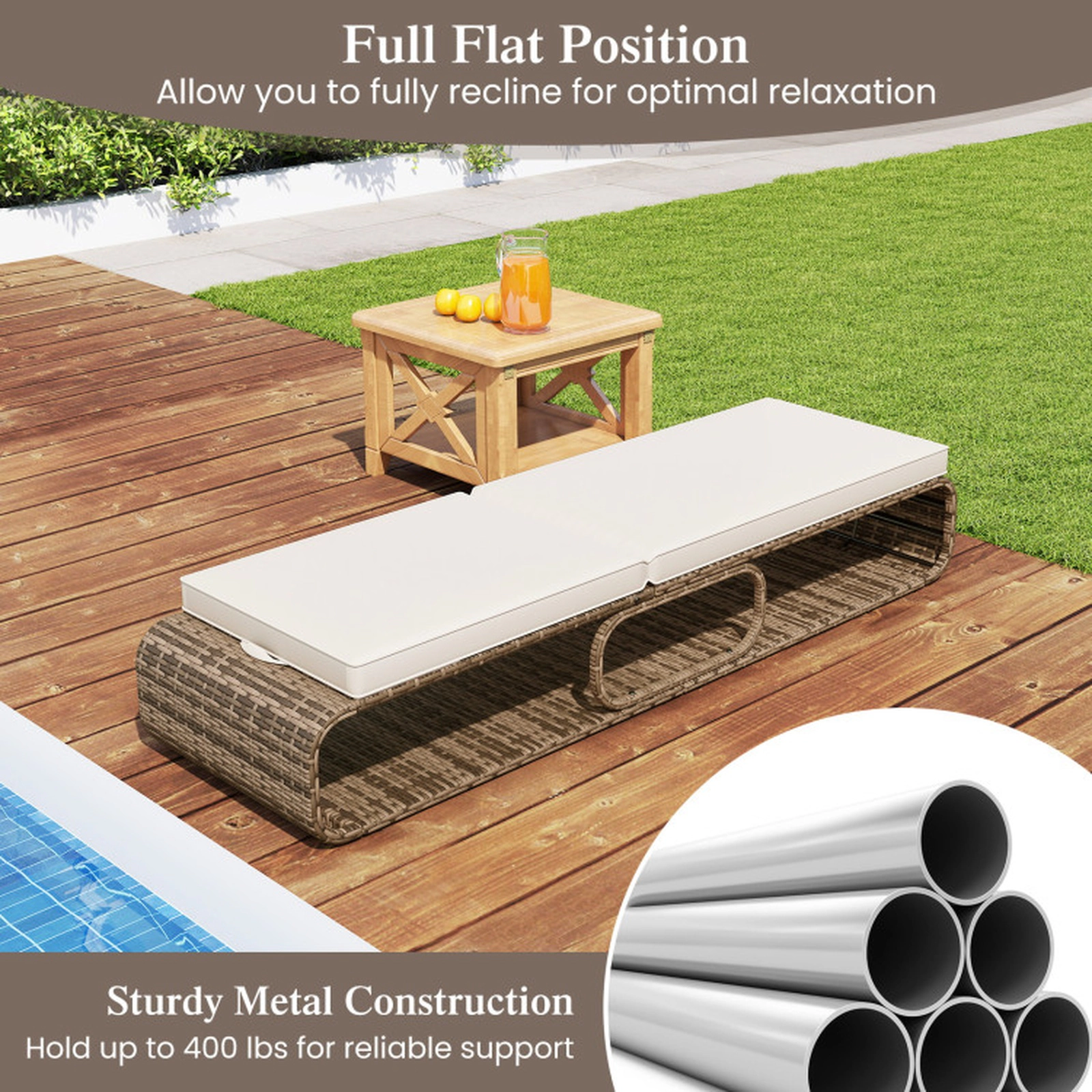 SUGIFT 7-Position Adjustable PE Rattan Outdoor Chaise Lounge Chair 400-Lb Capacity Mix Brown with Off-White/Navy Cushion