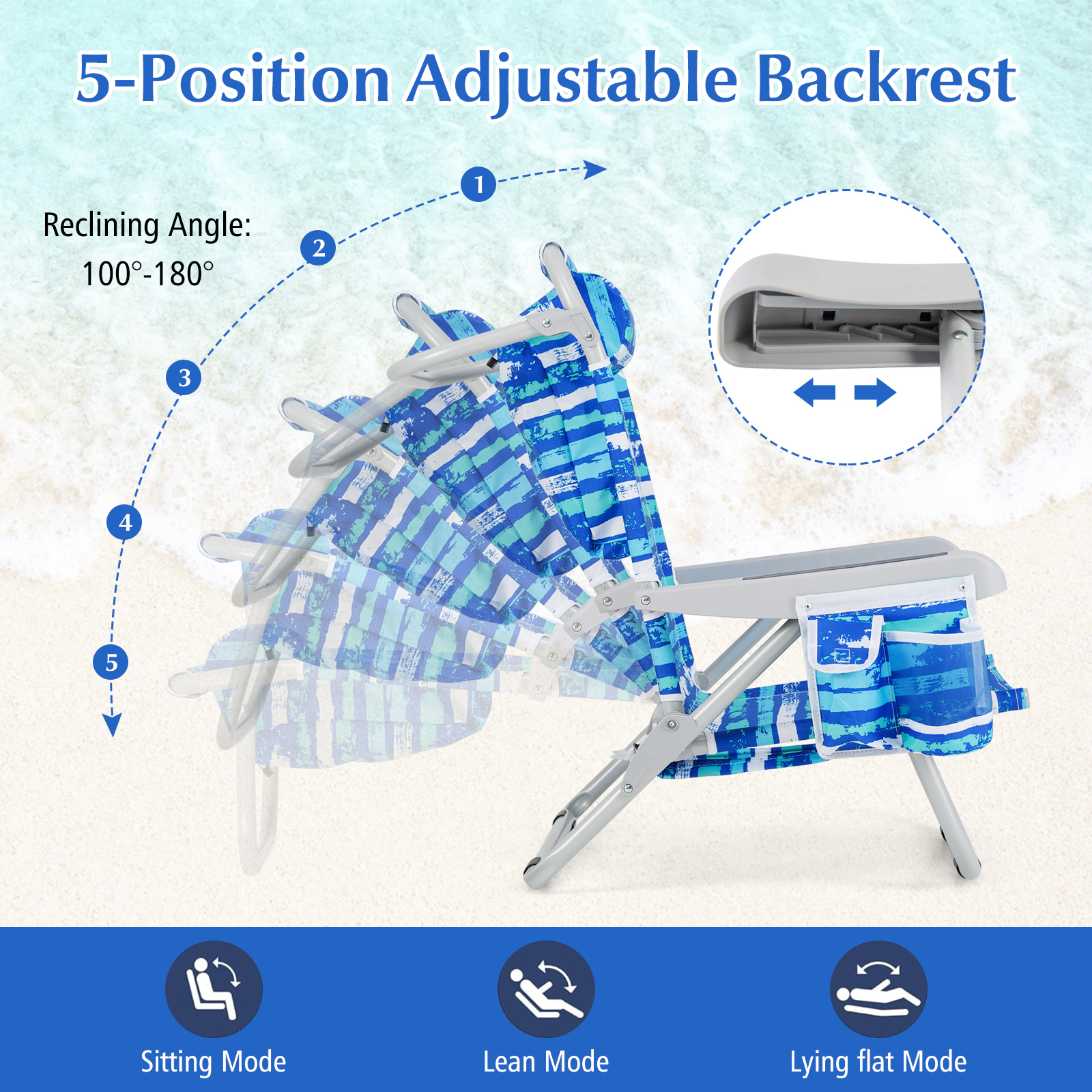 SUGIFT Navy Aluminum Backpack Beach Chair, Folding, 5-Position Recline