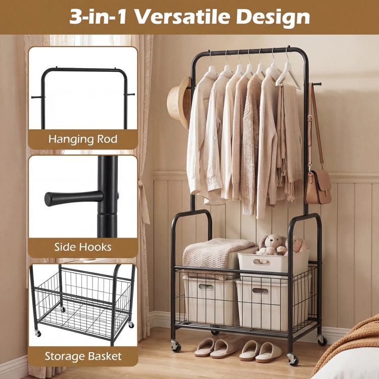 Hivvago Rolling Metal Clothes Rack with Hanging Rod and Storage Basket