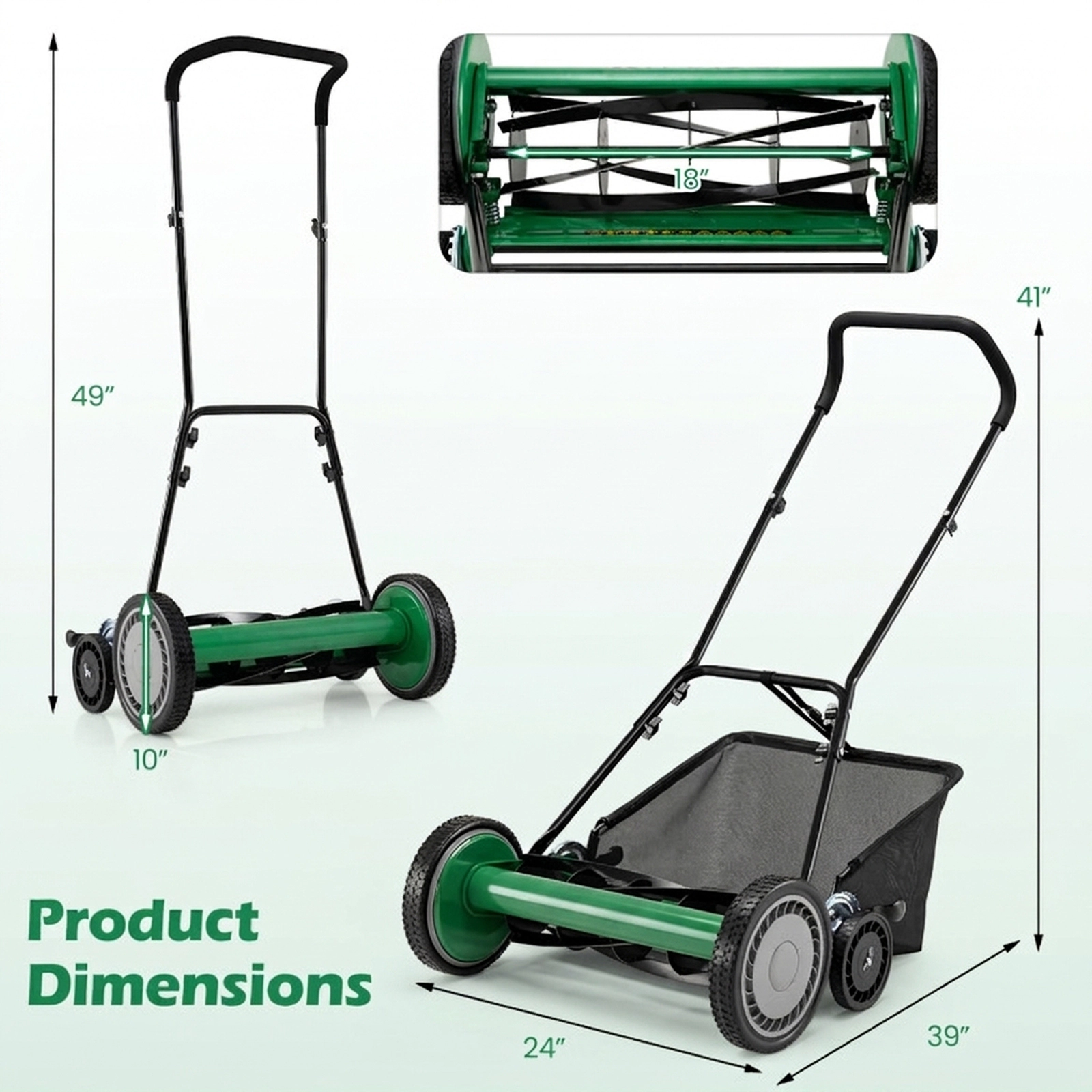 SUGIFT 18-in Cutting Width Push Reel Lawn Mower 4-Position Adjustable with Removable Grass Catcher Green