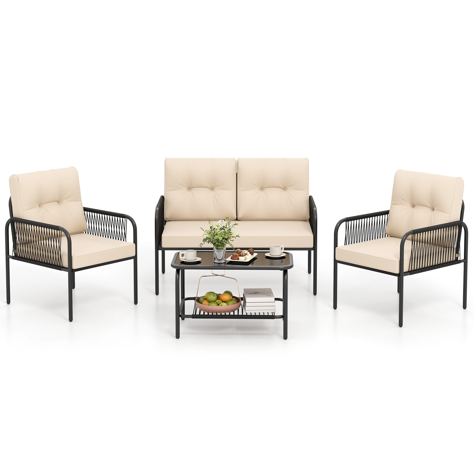 LJG 4 Pieces Patio Furniture Set PE Rattan Sofa Chairs with Loveseat