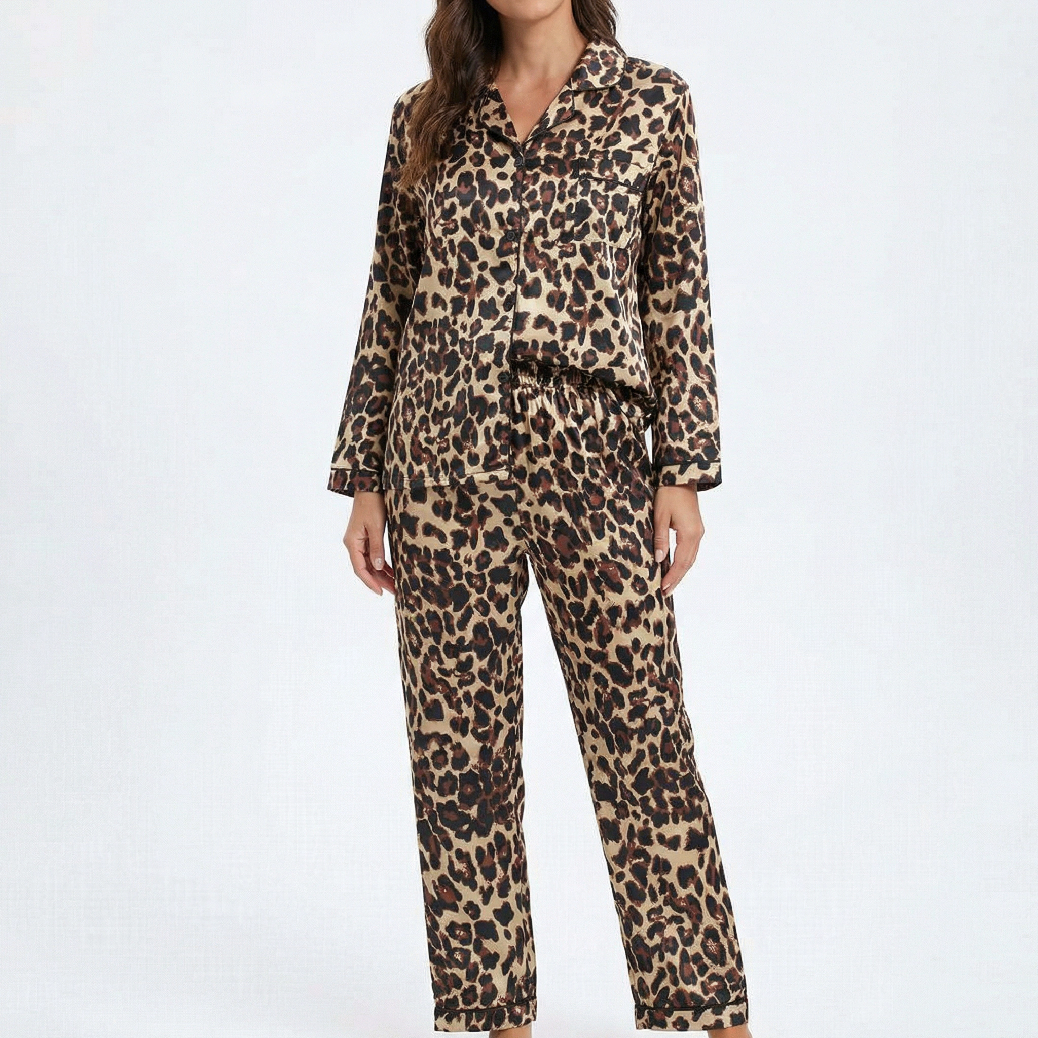 CTM Women's Leopard Print Satin Long Sleeve Pajama Set