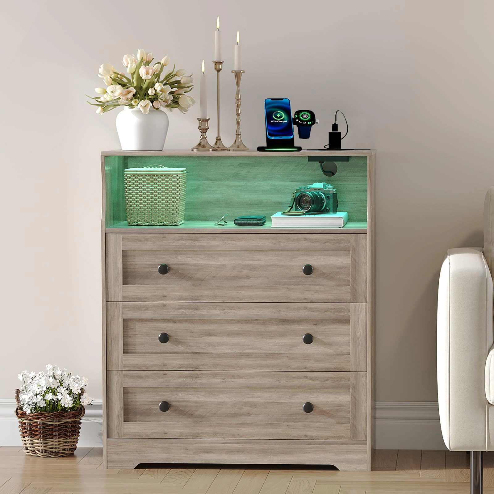 37.2" 3 Drawer Dresser with LED Lights & Charging Station, Wood Storage Chest Open Shelf