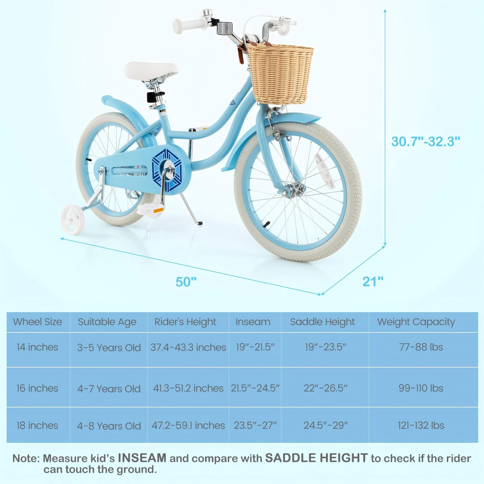 SUGIFT 18-Inch Kids Bicycle with Training Wheels and Hand Brake 121-132-lb Capacity Ages 4-8 Adjustable Saddle Blue