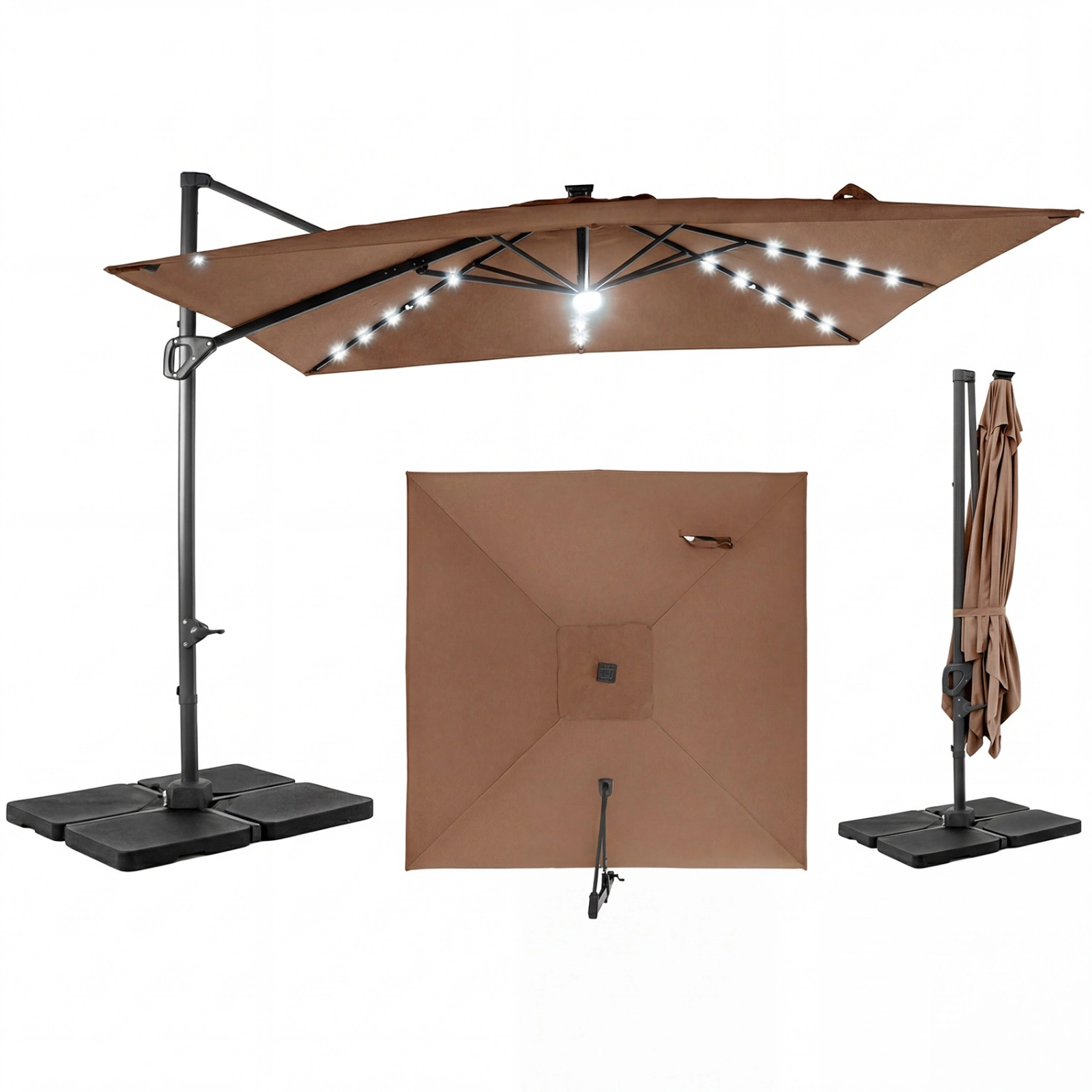SUGIFT 10-ft Tan Solar LED Offset Cantilever Patio Umbrella with 32 Lights 6 Tilt Positions and 220-lb Base