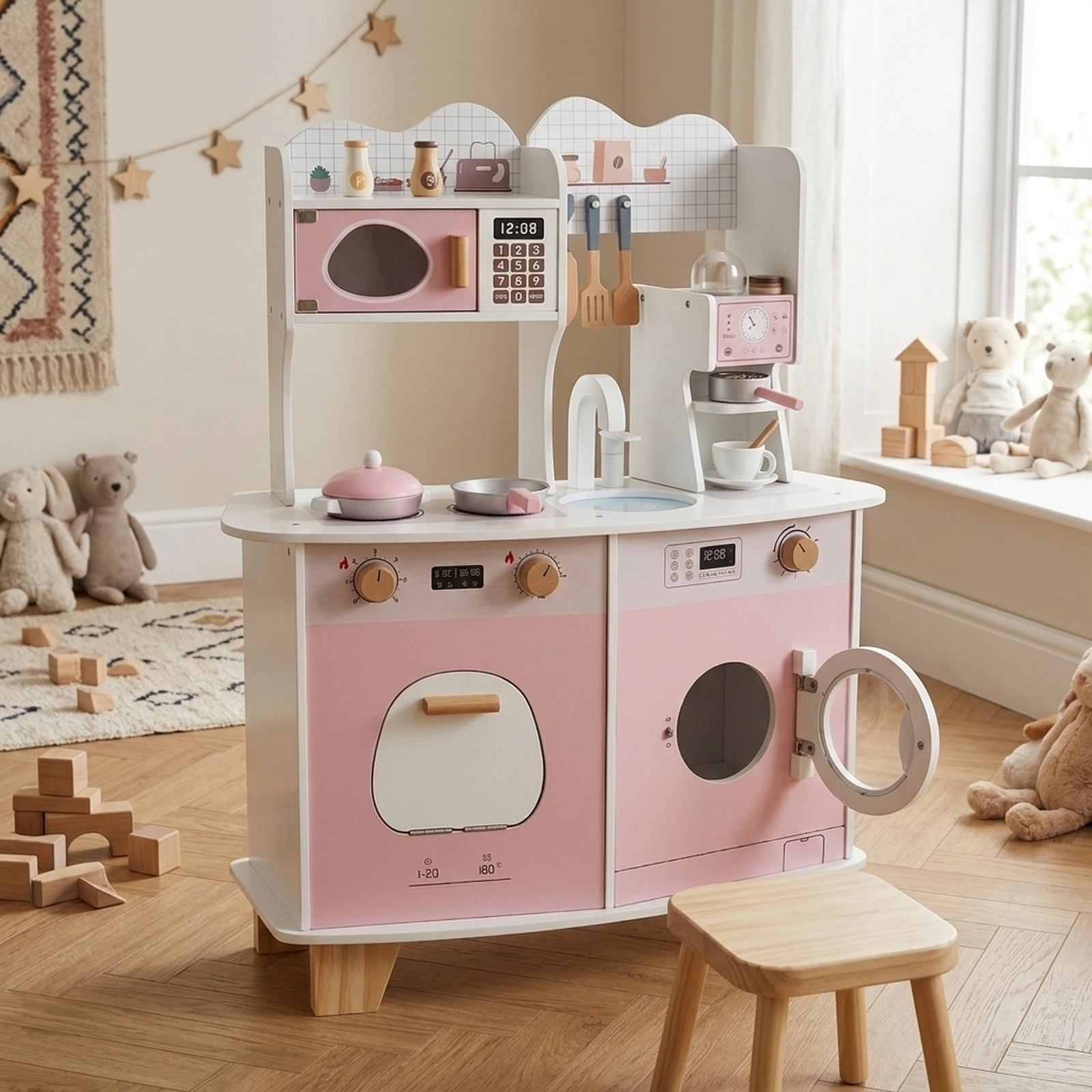 Wooden Kids Kitchen Playset with Coffee Maker Washing Machine Utensil Rack and Support Legs 28-in x 12-in x 35-in Pink