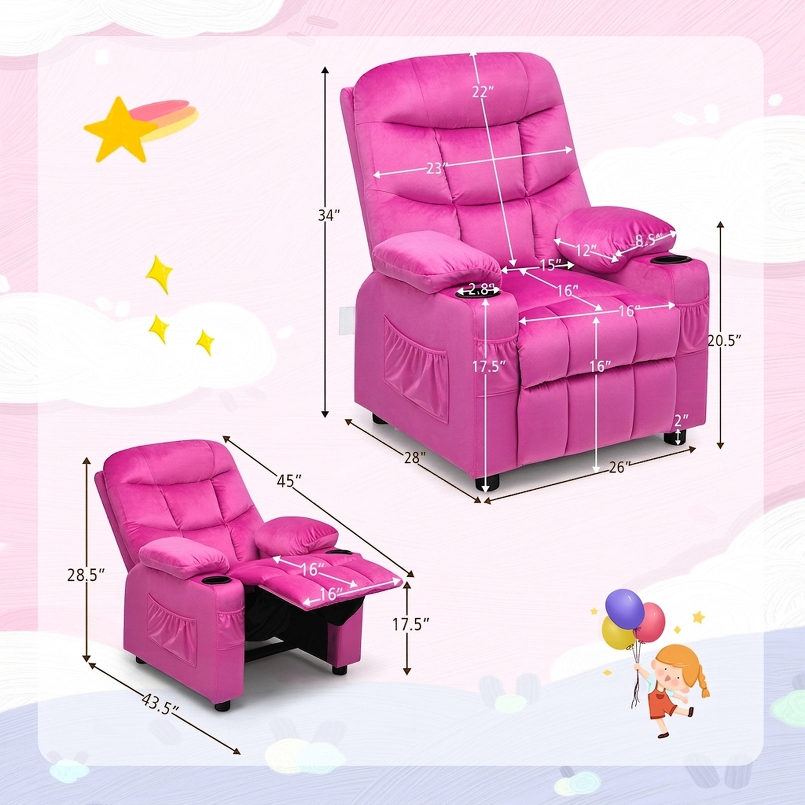 SUGIFT Kids Recliner Chair, Pink Velvet, 2 Cup Holders, 3 Pockets, 120 lb Capacity