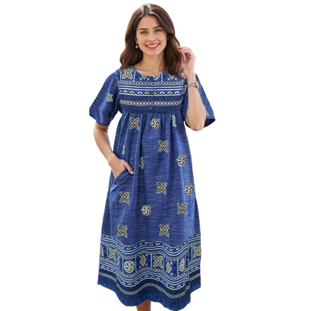 Loungees Border Print Cotton Lounge Dress House Caftan 3 Button Bib Yoke Short Sleeve