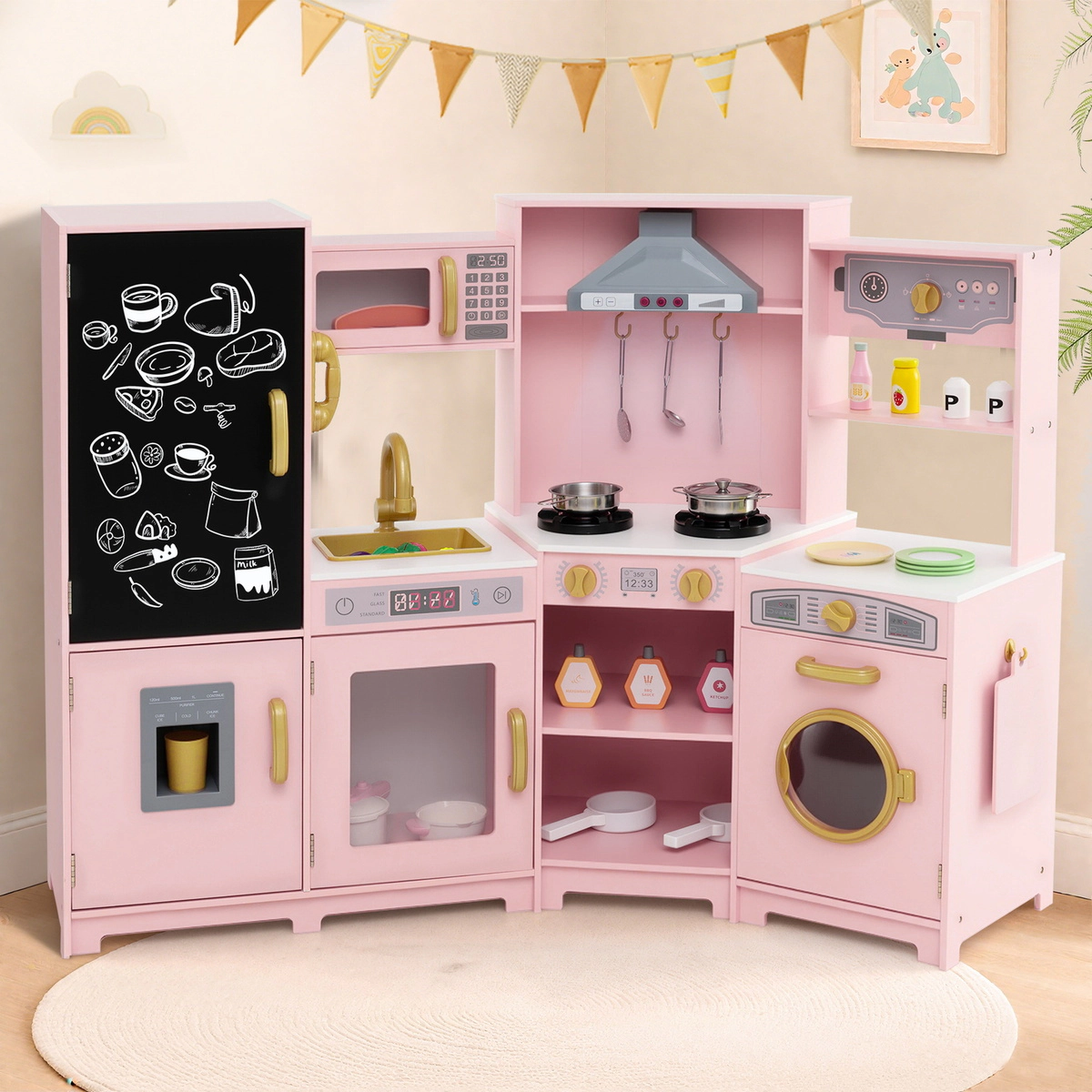 SUGIFT Pink Lights Sounds and Ice Maker for Kids Large Corner Wooden Play Kitchen