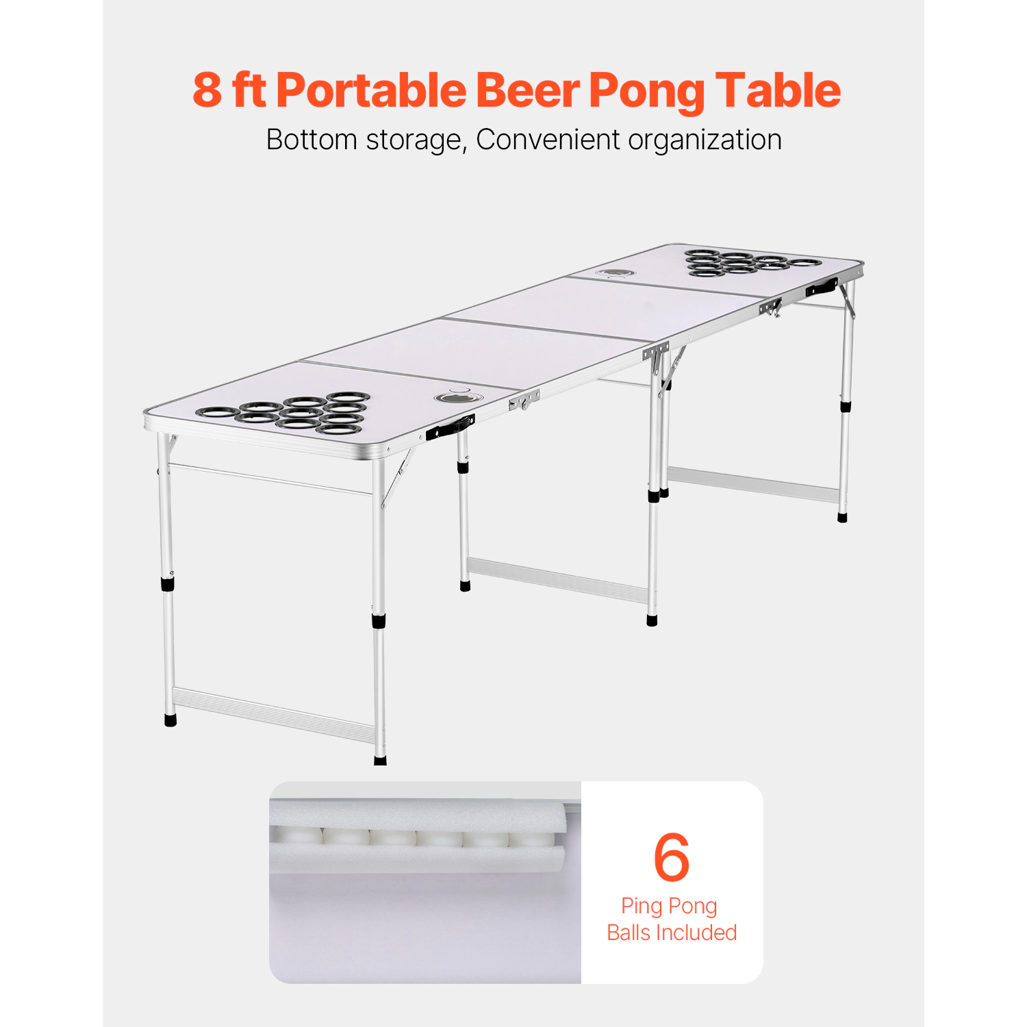 HONGGE 8 FT Portable Folding Beer Pong Table with Adjustable Height & Cup Holes, White Tailgate Table