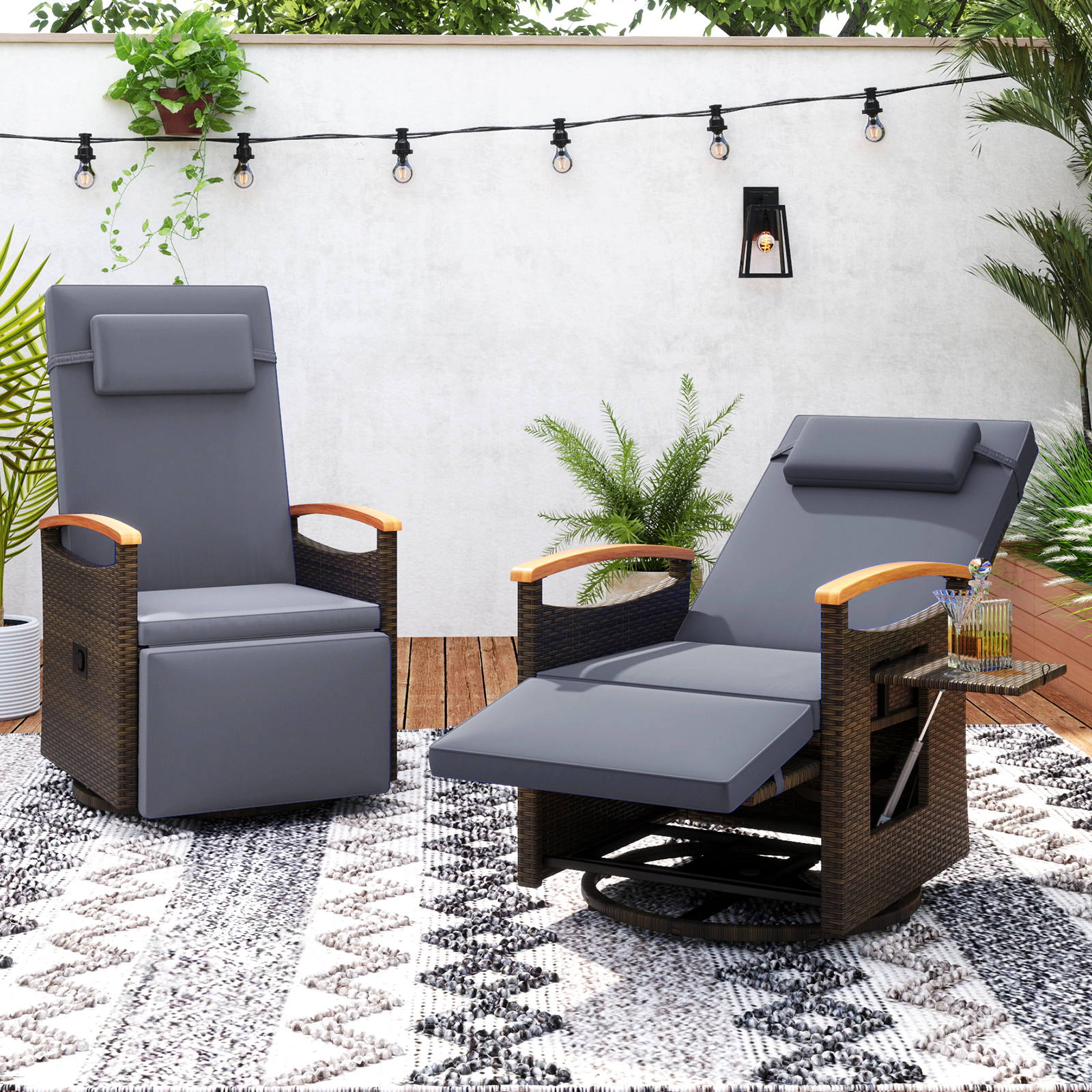 SUGIFT Set of 2 Outdoor Patio Swivel Recliner Chairs, 360° Rotation, 150° Recline, Mix Brown