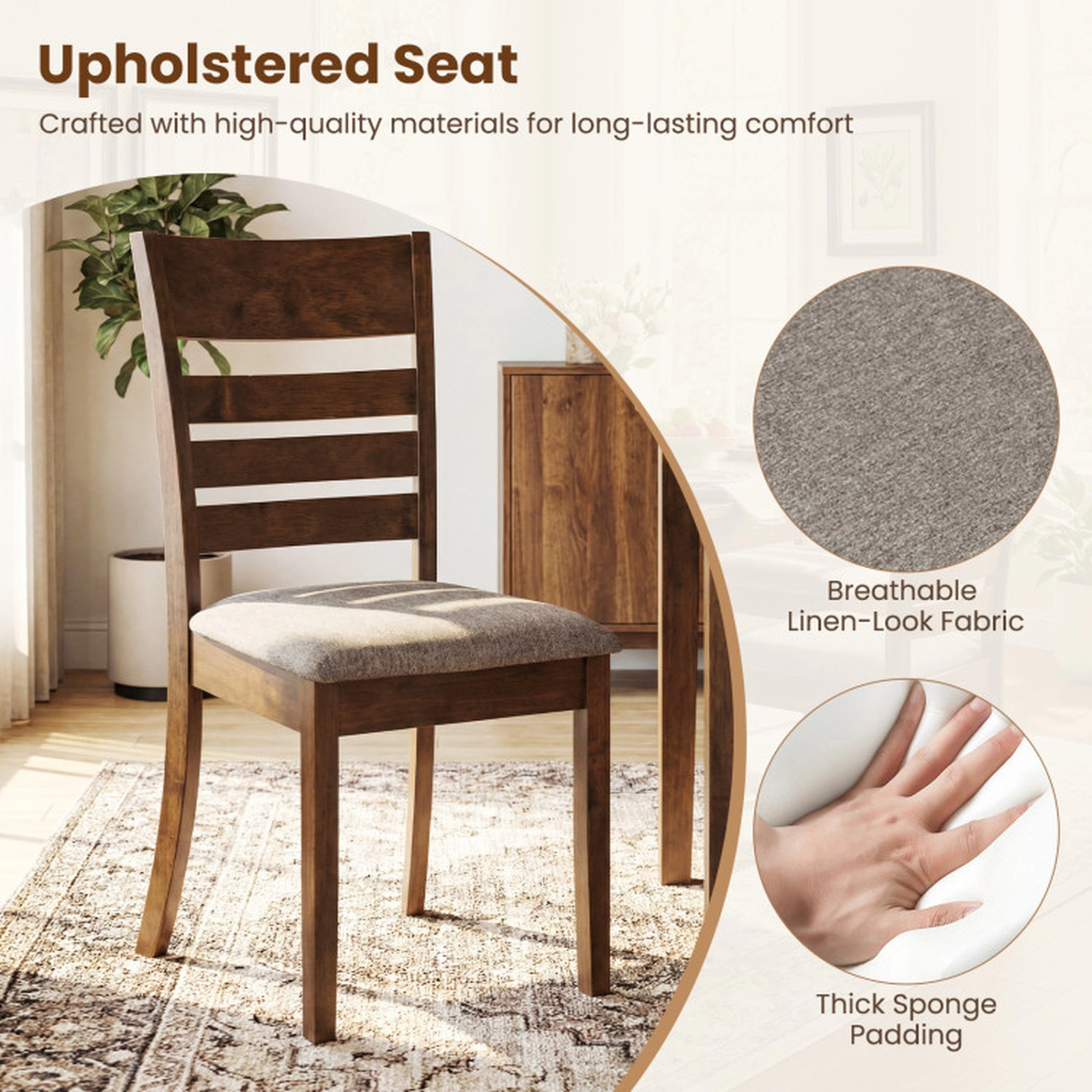 SUGIFT Set of 4 Rubber Wood Slatted Back Upholstered Dining Chairs 17-in x 20.5-in x 35.5-in 346-lb Capacity Brown