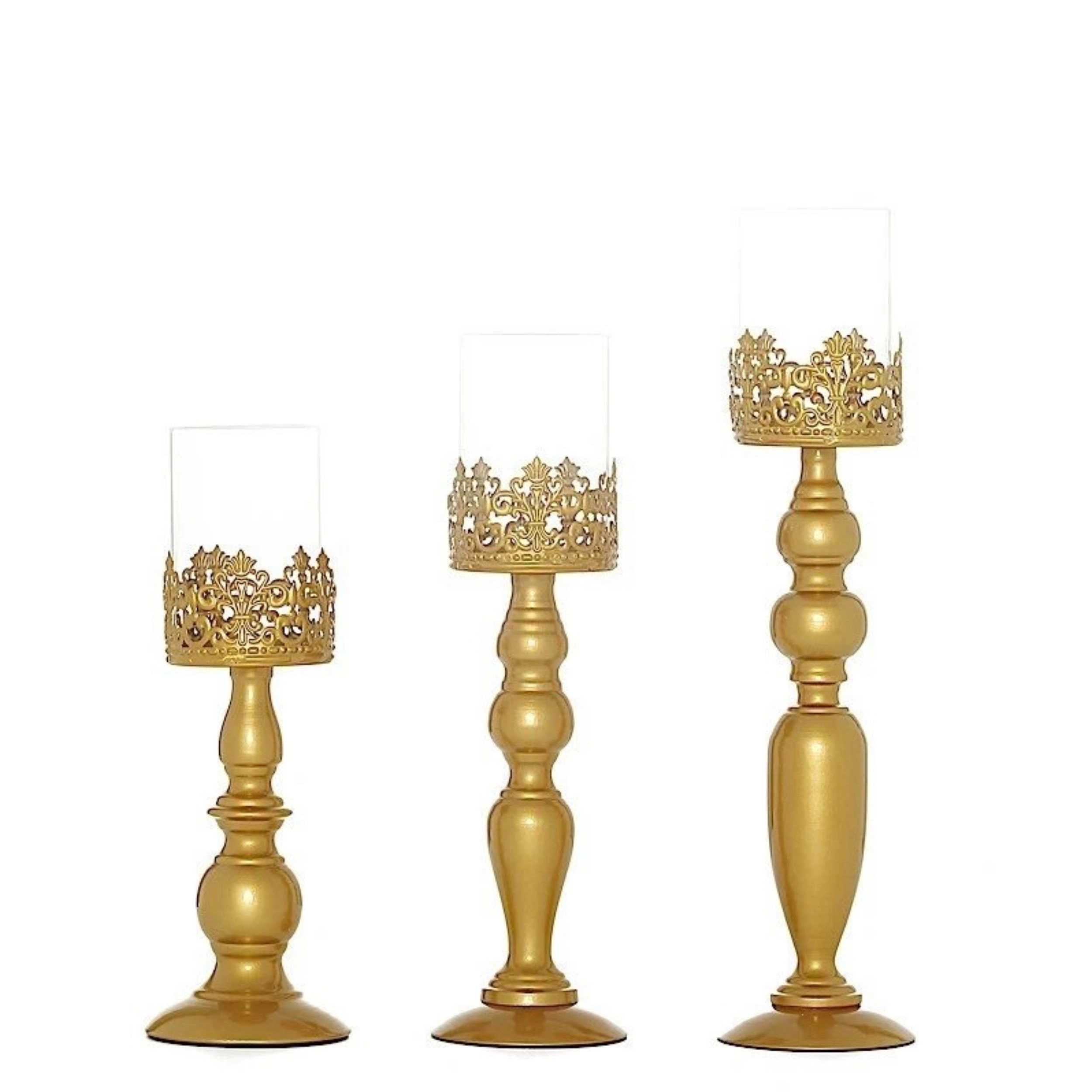 Home Collection Gold Lacy Trim Metal Glass Candle Holders Set of 3