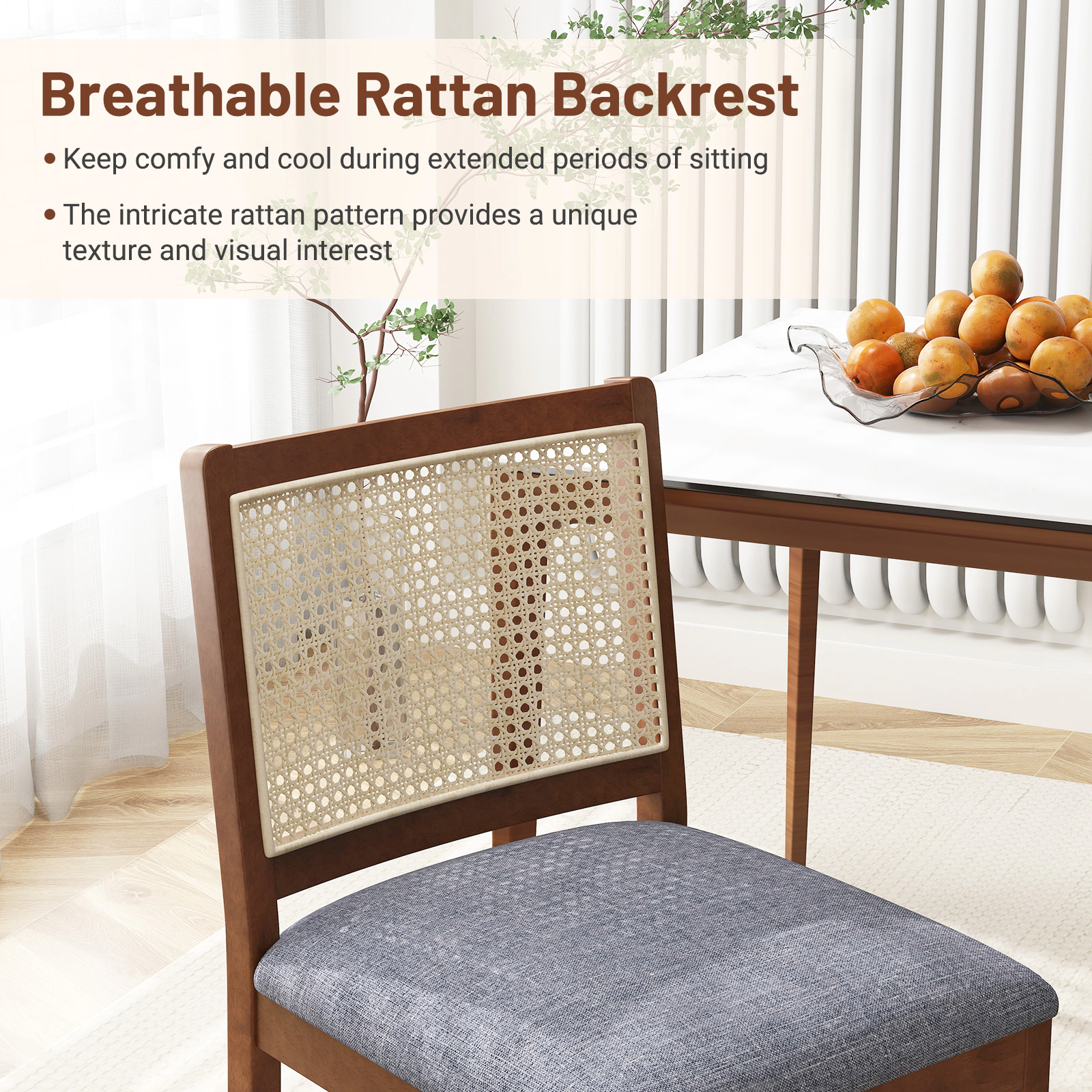 SUGIFT Natural Rubber Wood Rattan Dining Chair with Linen Padded Seat 220-lb Capacity Brown Gray Yellow