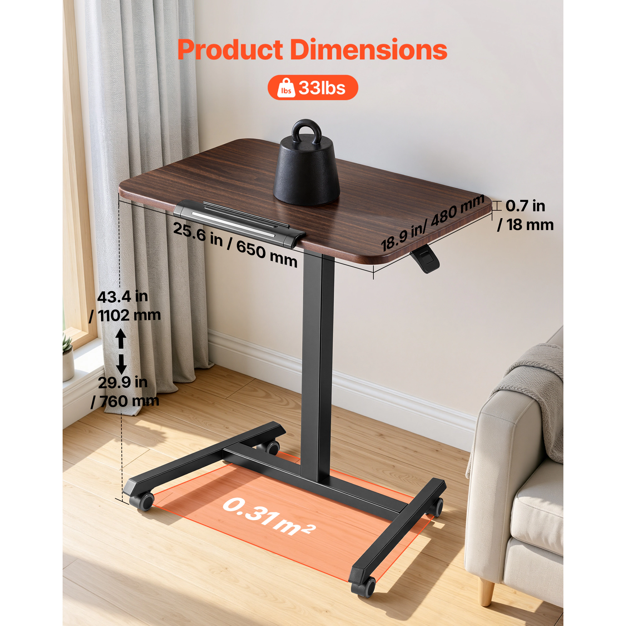 HONGGE Adjustable Height Standing Desk with 90° Tilting Top, 25.6 x 19 in Rolling Sit-Stand Workstation, Brown