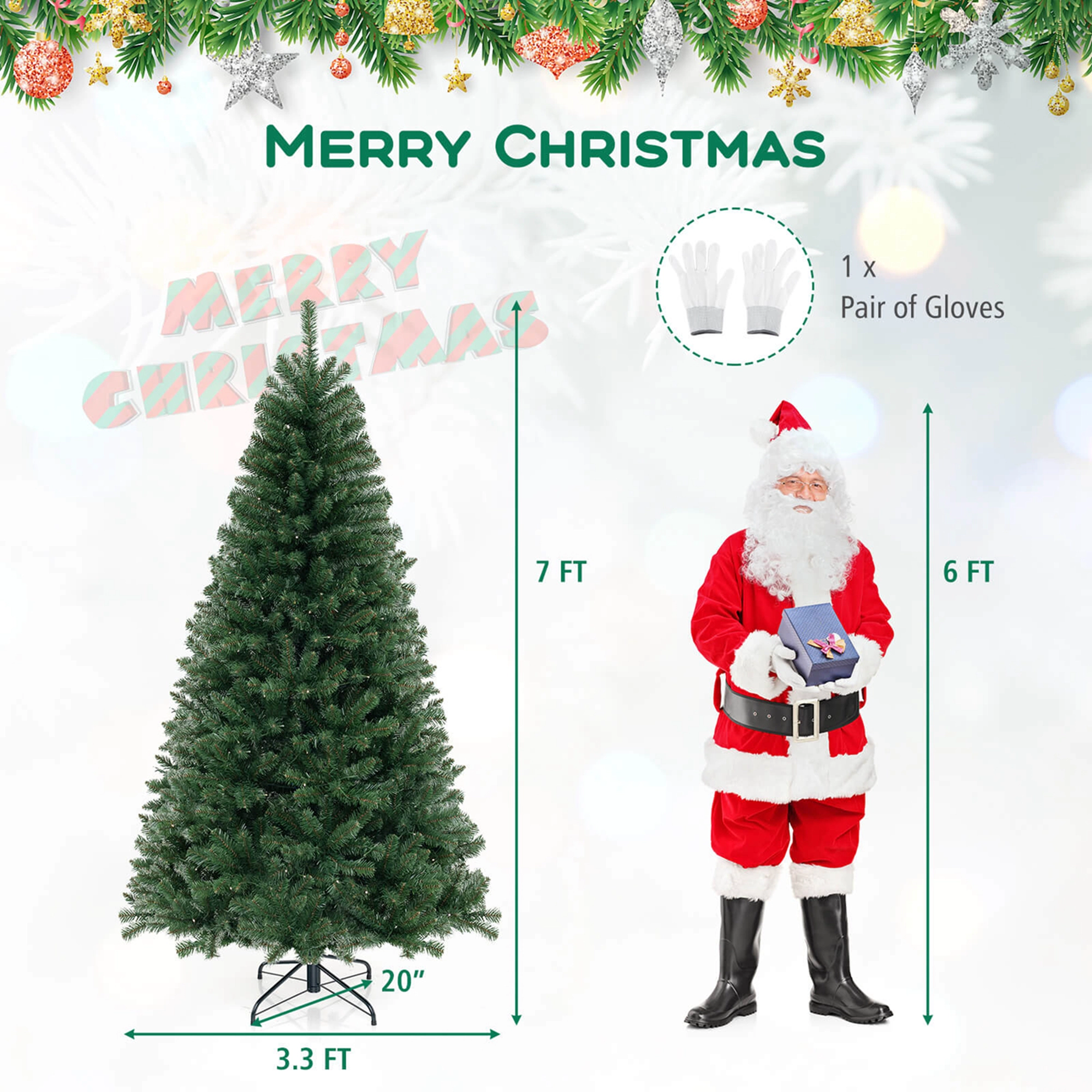 Costway 6/7/8 FT Christmas Tree with 568 PVC Branch Tips 200/250/400 Warm LED Lights Gloves