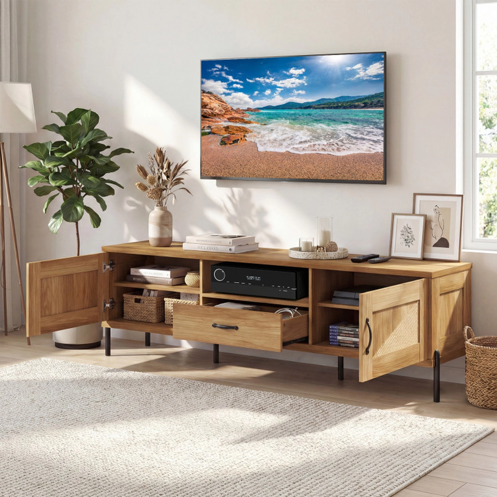 SUGIFT 72-In Rattan TV Stand for TVs up to 80 In, Natural Mid-Century Console