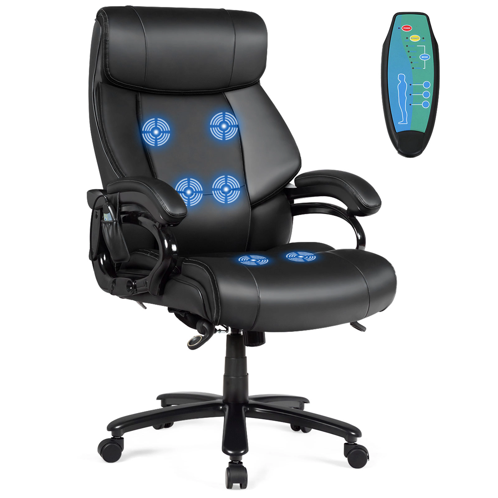 SUGIFT Big and Tall Reclining Massage Office Chair, 400-lb Capacity, Black Faux Leather