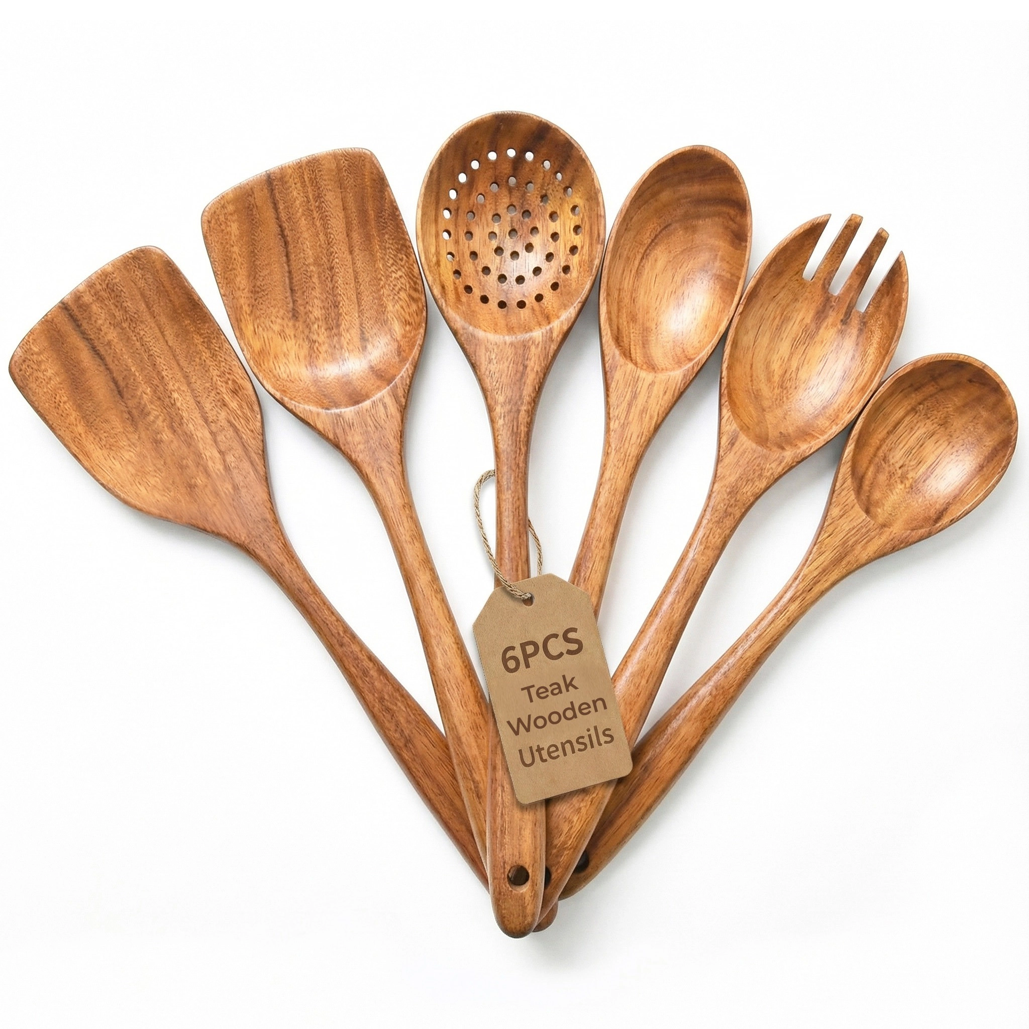 Luminuxe Premium Natural Teak Wood Kitchen Utensil Set, 6pc Wooden Cooking Utensils Set, Non-Stick Hand Wash