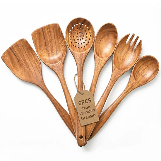 Luminuxe Premium Natural Teak Wood Kitchen Utensil Set, 6pc Wooden Cooking Utensils Set, Non-Stick Hand Wash