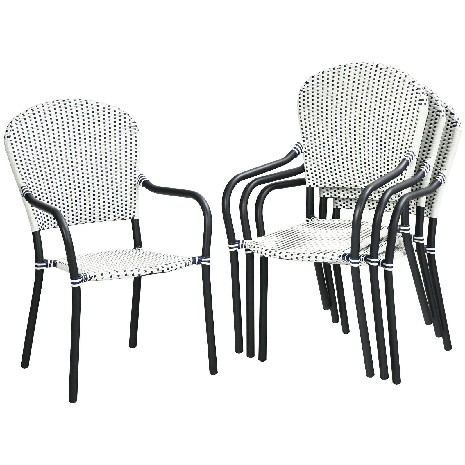 SUGIFT White Rattan Stackable Curved Armrests Garden Set of 4 Patio Dining Chairs