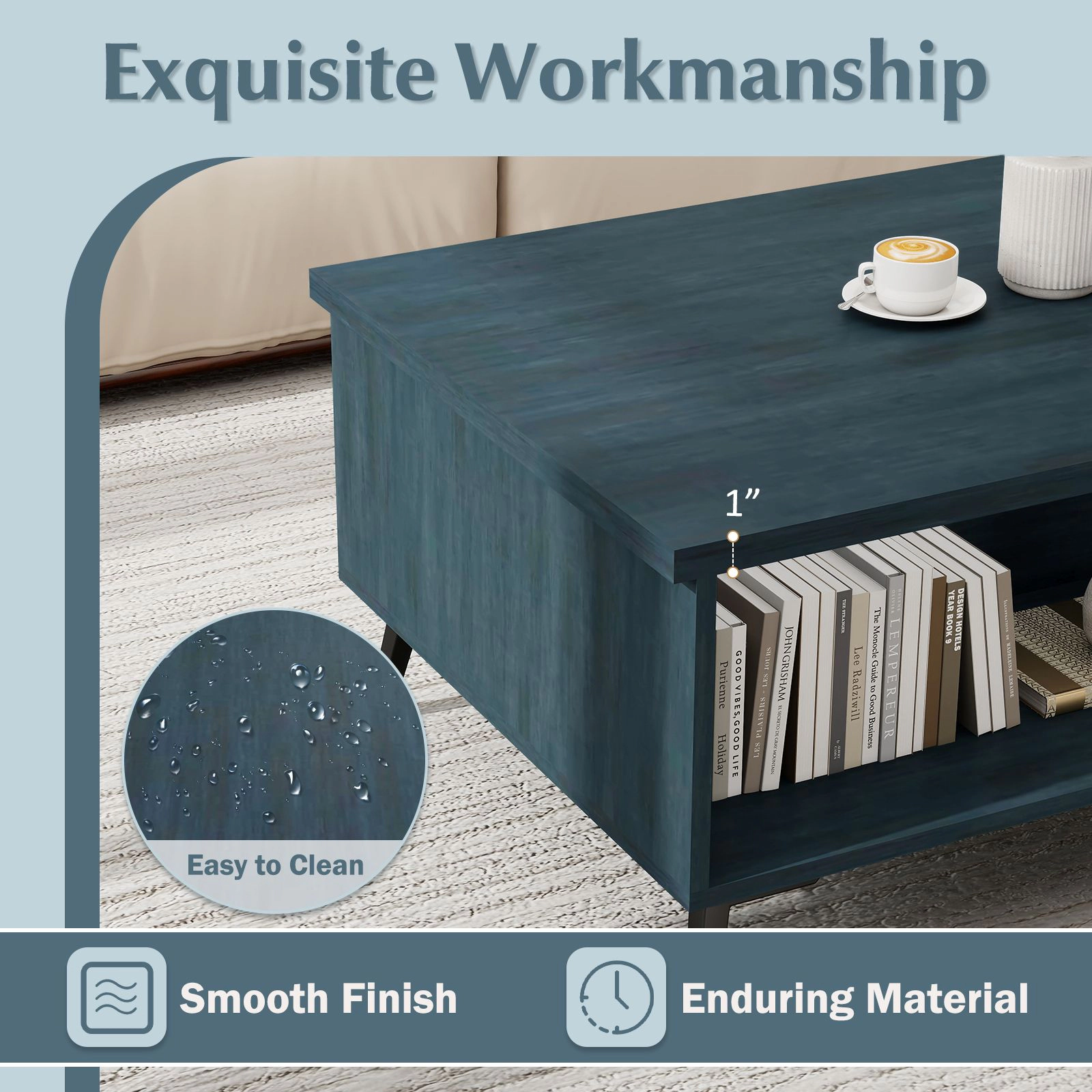 SlickBlue Mid Century Coffee Table with Storage Shelves and Compartments