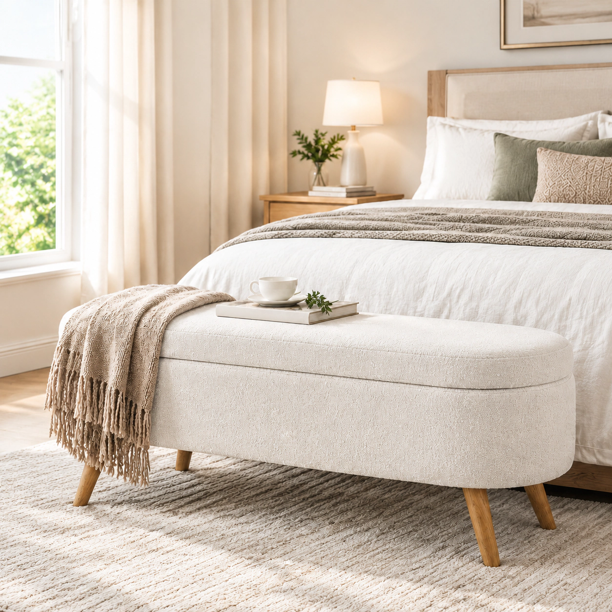 RENDGO 43.5 in Storage Ottoman Bench for Bedroom Living Room Window Beige with Safety Hinge Bed End Bench