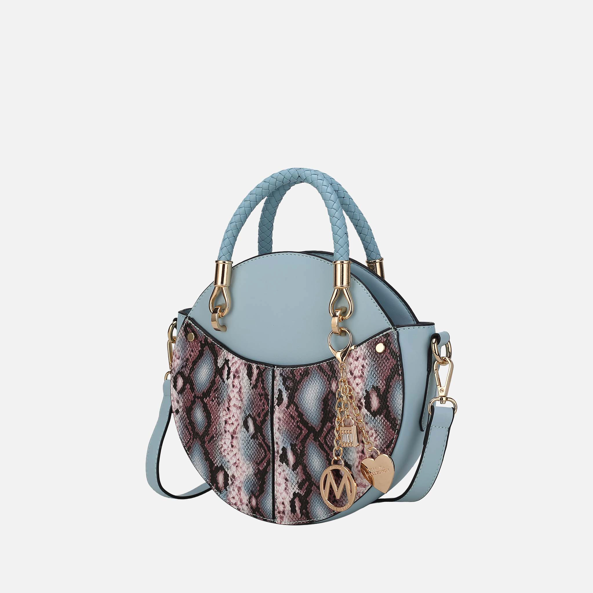 MKF Collection Camille Round Crossbody Bag - Snake Embossed Vegan Leather, Denim
