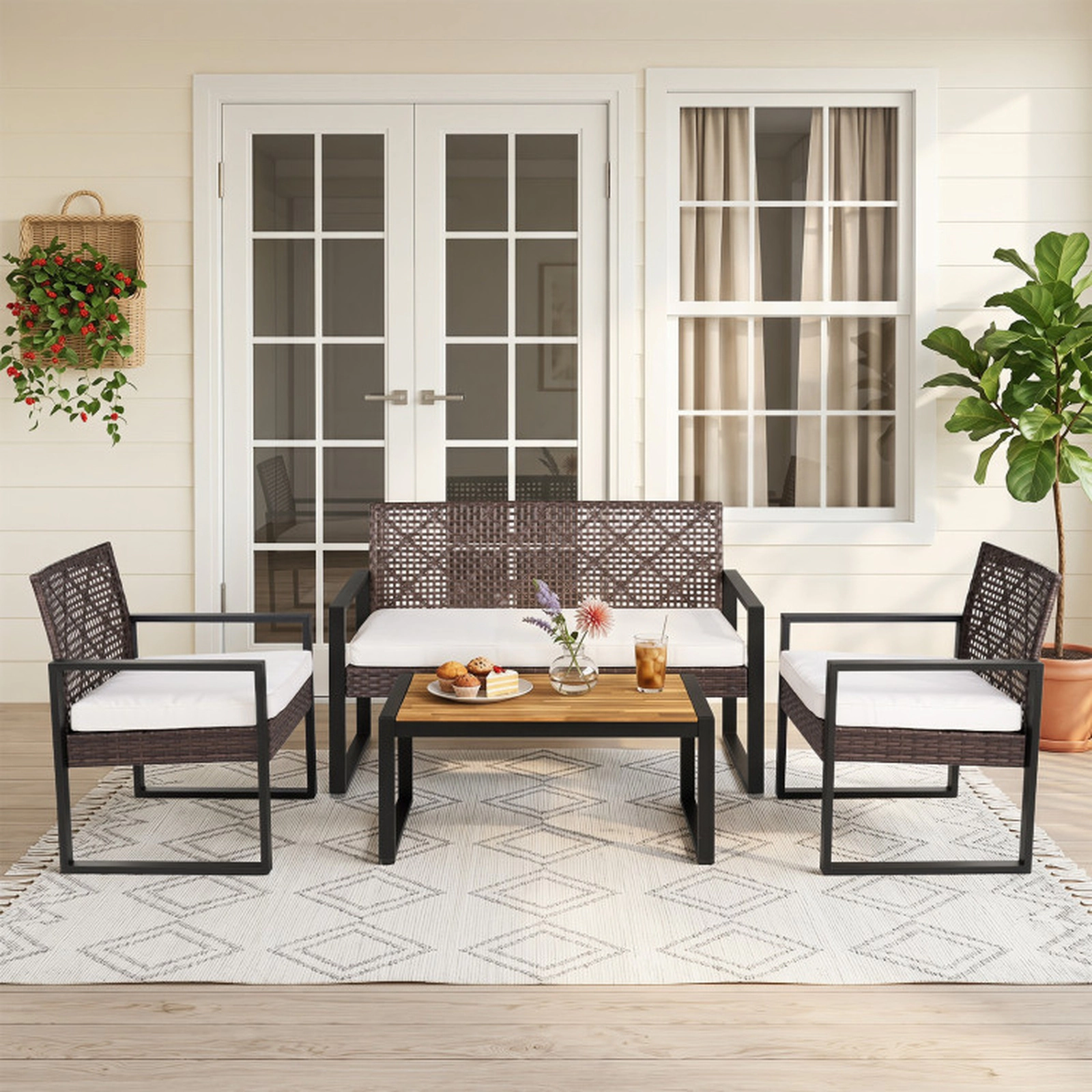 SUGIFT Brown and Black Acacia Wood Coffee Table and Cushions 4-Piece Patio Wicker Sofa Set