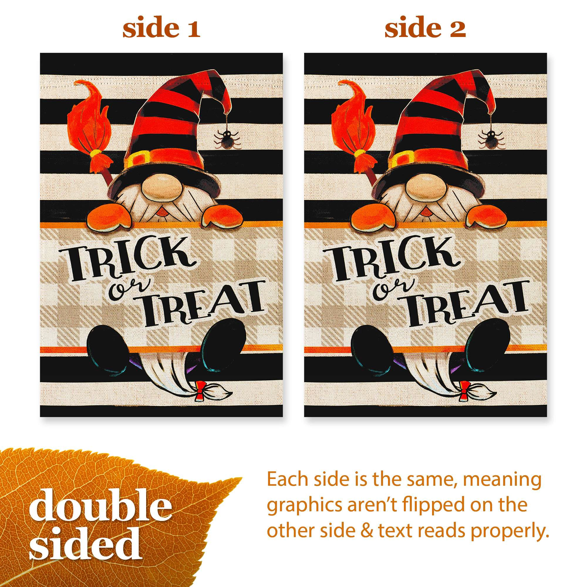 G128 Halloween Trick or Treat Gnome Garden Flag 12x18 Inch Double-Sided Outdoor Decoration