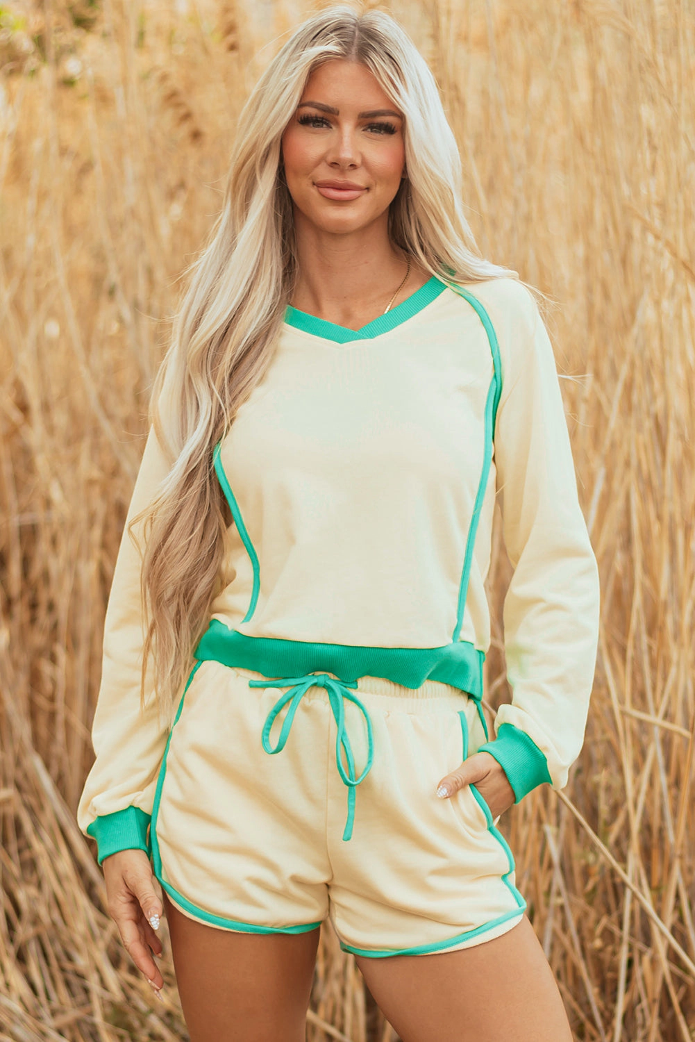 Threaded Pear Women's Wren Long Sleeve Pullover and Drawstring Shorts Outfit