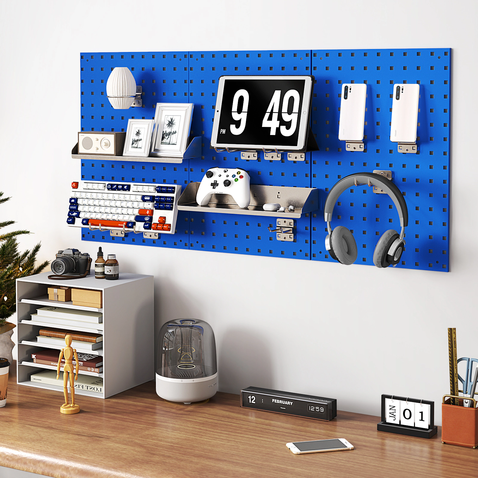 SUGIFT 48-in 3-Panel Metal Pegboard Kit Wall Mounted Tool Organizer with 28 Hooks Shelf and Holders