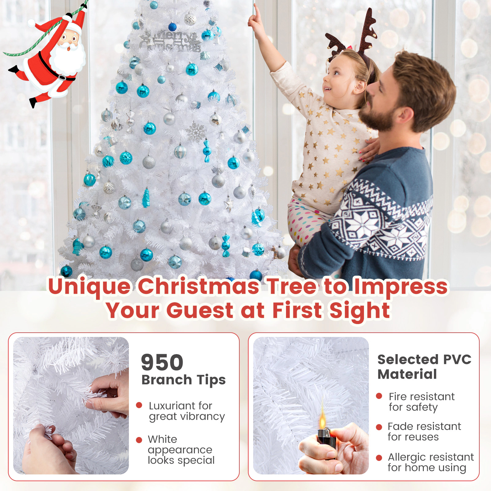SUGIFT 7 ft White Artificial Christmas Tree Unlit PVC Tree with Metal Stand