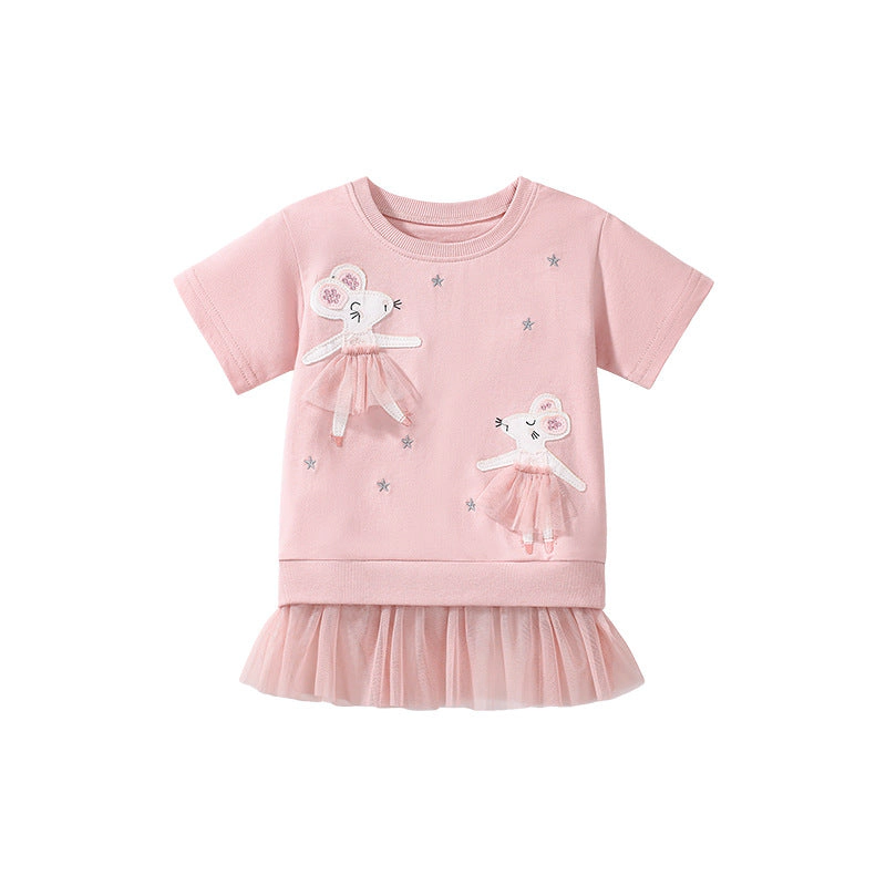 MyKids-USA Summer Arrival Dancing Mouse Pattern Short Sleeves Tulle Dress for Stylish Girls