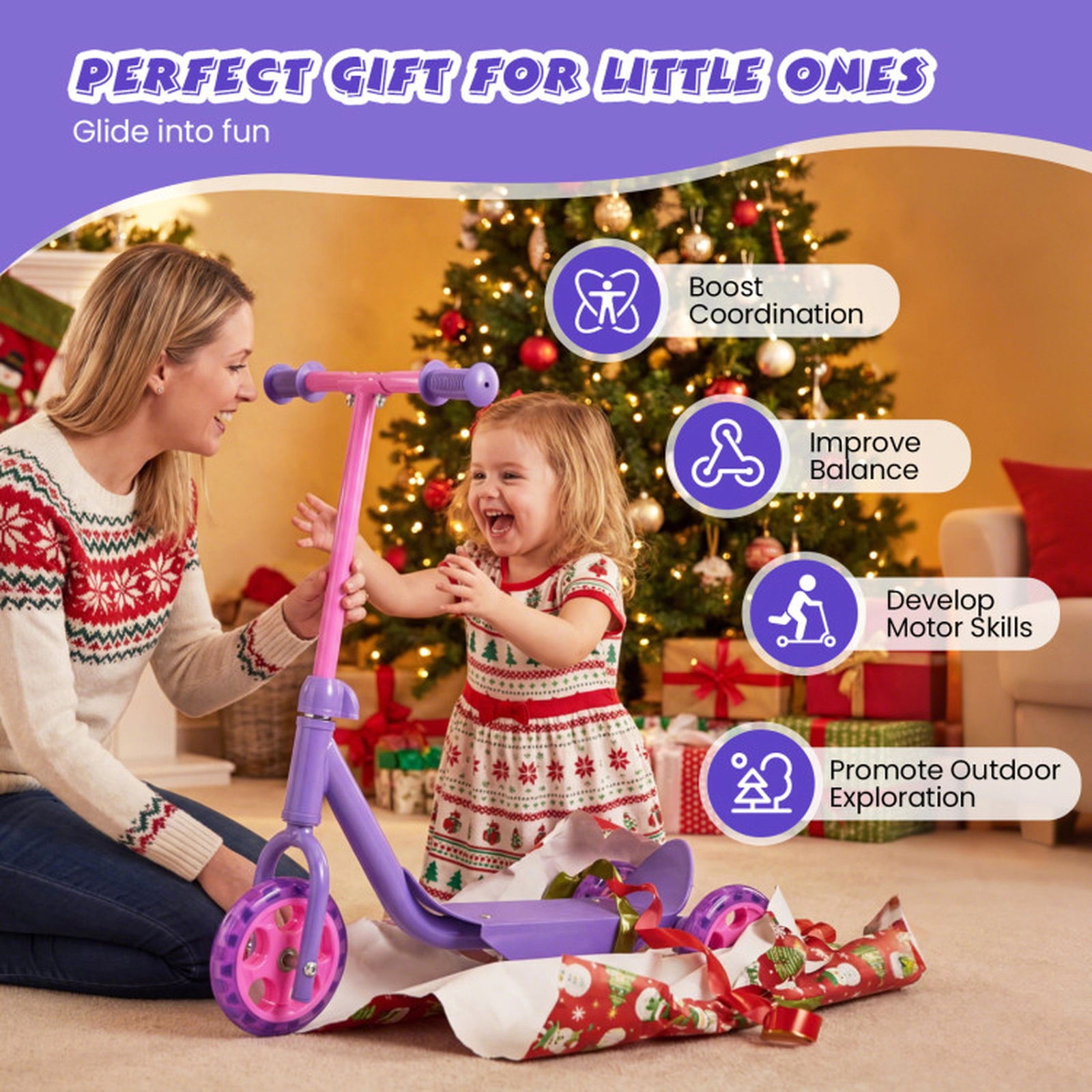SUGIFT 3-Wheel Kids Scooter with LED Light-Up Wheels Wide Anti-Slip Deck 44-lb Capacity Ages 2+ Pink and Purple