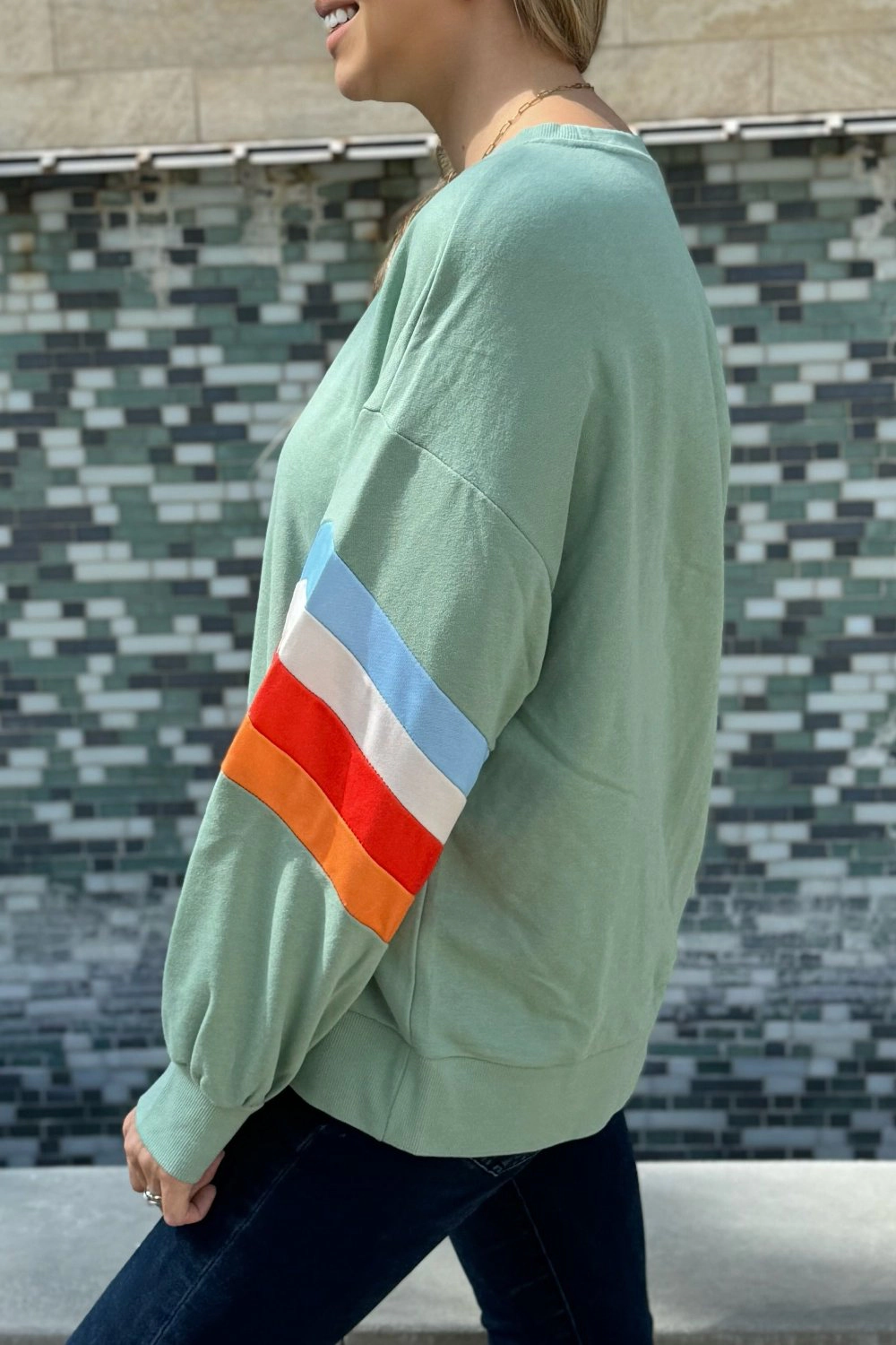 Threaded Pear Women's Ella Striped Sleeve Loose Sweatshirt
