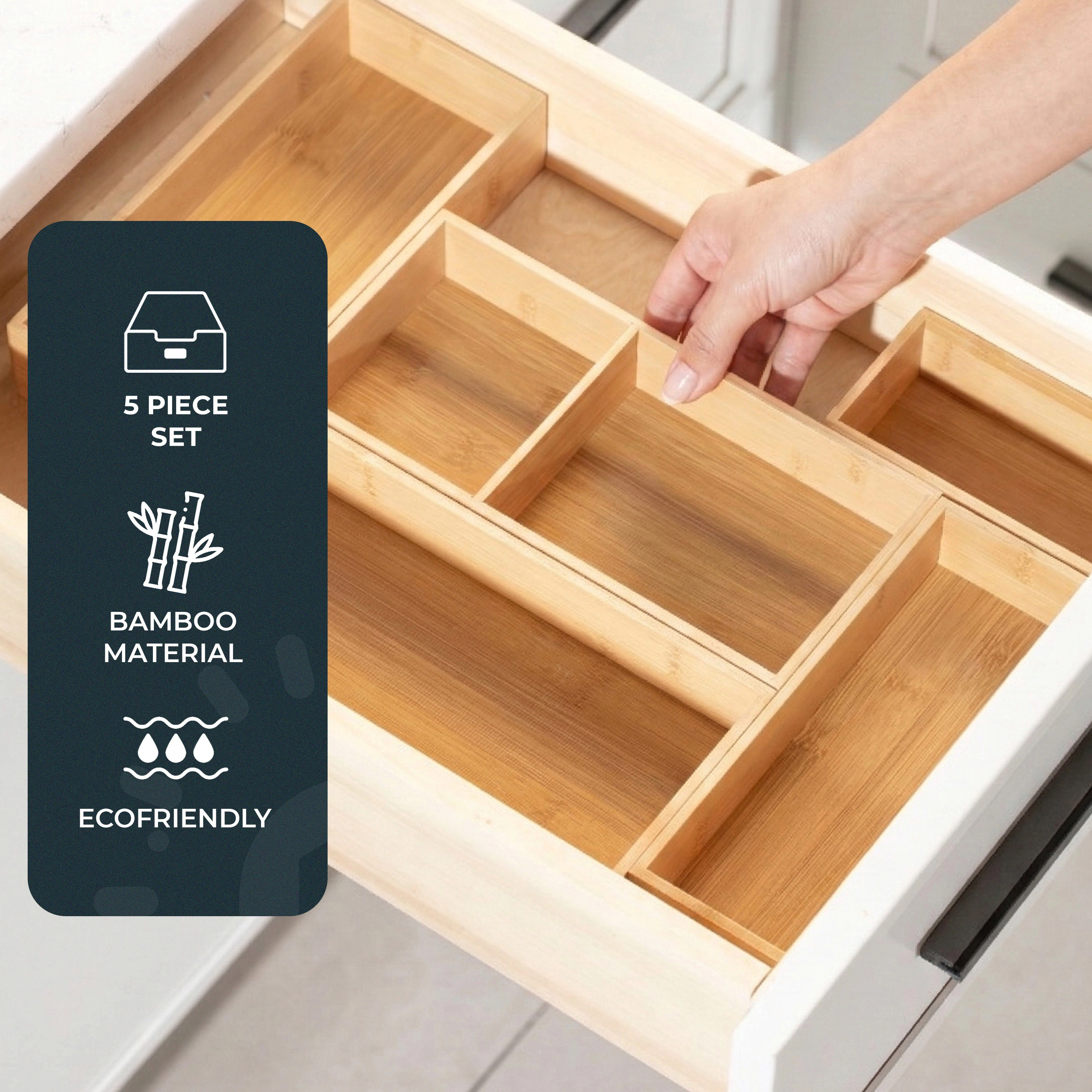 Luminuxe Bamboo Drawer Organizer Set, 5 Piece Non-Slip Versatile Storage Trays for Kitchen Utensils, Bathroom Essentials