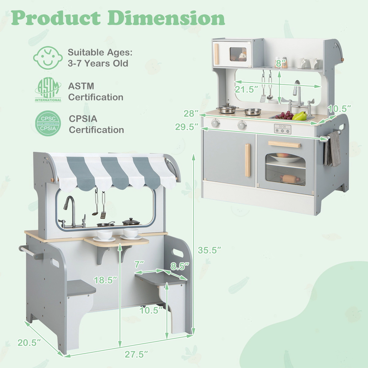 SUGIFT Gray 2-Seat Cafe Counter Double Sided Kids Pretend Play Kitchen Playset