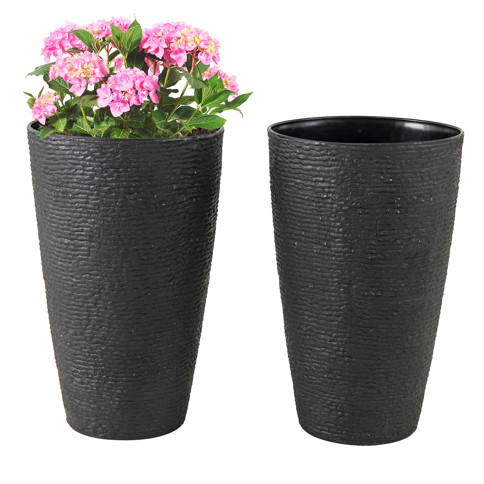 LJG 21 Inch Tall Round Plastic Planters Set of 2 Flower Pots with Drainage System