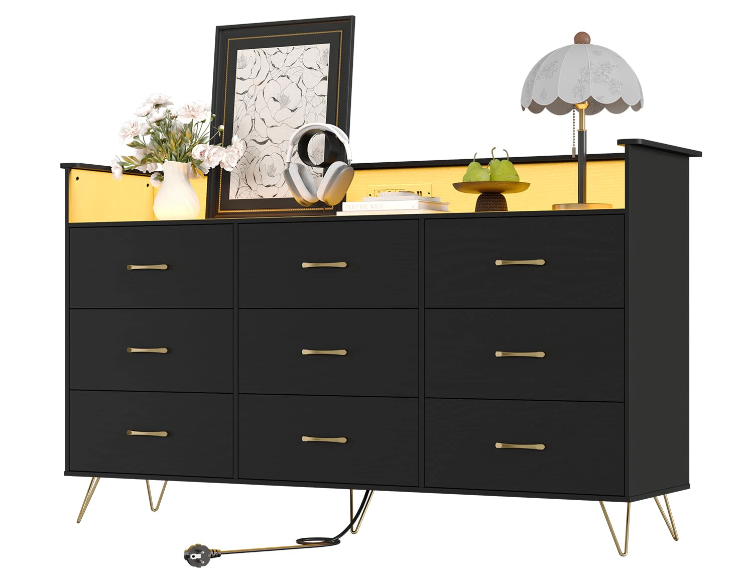 9 Drawer Dresser with App RGB LED Lights & Charging Station, Wood Storage Chest