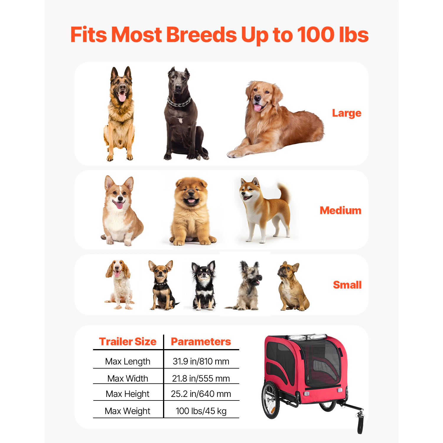 HONGGE Dog Bike Trailer for Medium to Large Dogs, 100 lb Capacity, Built-In Leash, Foldable Frame