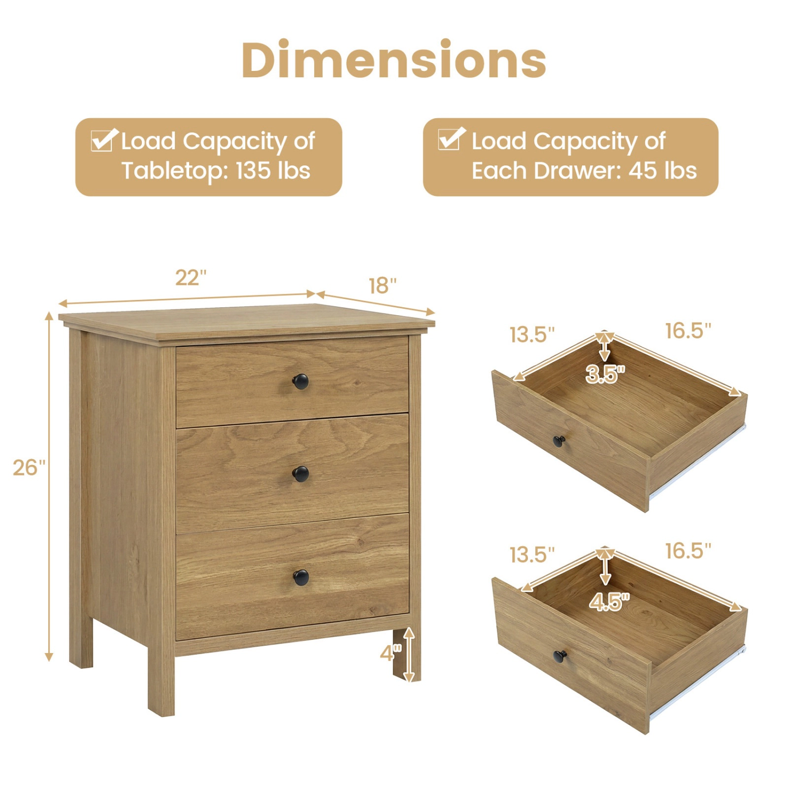 SUGIFT 3-Drawer Nightstand Bedside Table 135-lb Tabletop Capacity with Storage Walnut/White/Black