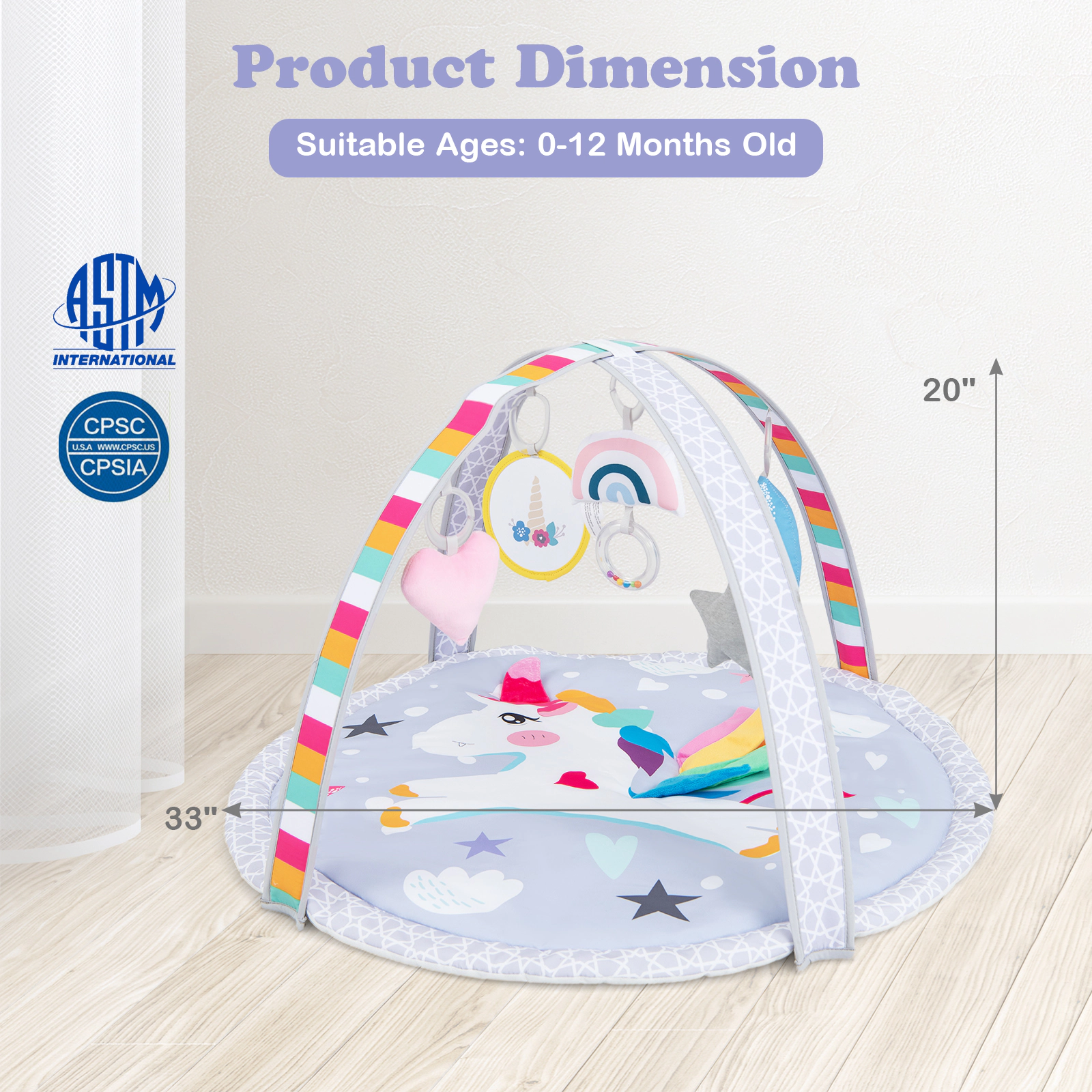 SUGIFT 7-in-1 Baby Play Gym Tummy Time Activity Mat with 5 Detachable Toys Ages 0-12 Months Multicolor