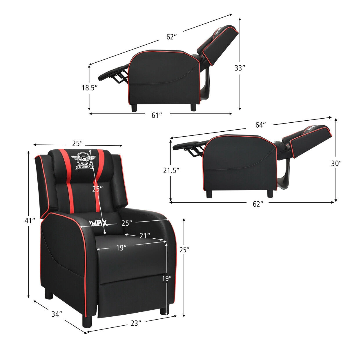 SUGIFT Red Gaming Recliner Chair with Lumbar Massage and Extendable Leg Rest
