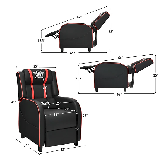 SUGIFT Red Gaming Recliner Chair with Lumbar Massage and Extendable Leg Rest