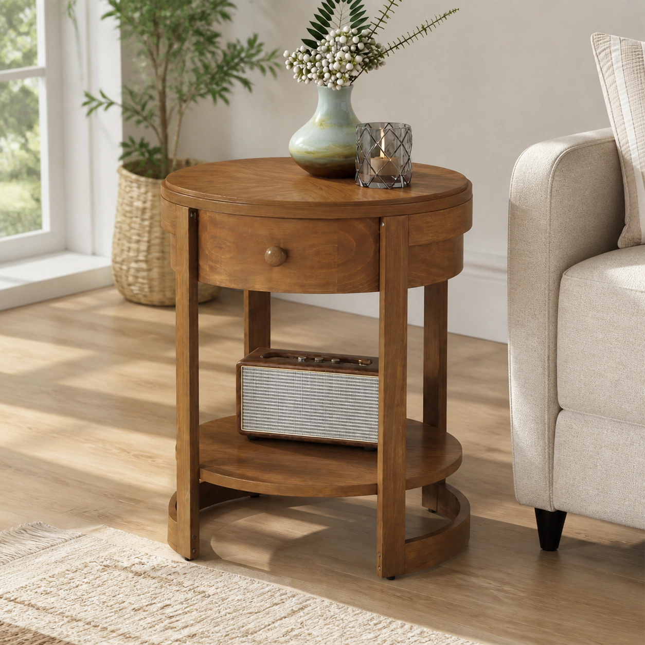 SUGIFT Set of 2 Round Oak Nightstands, 24-Inch 2-Tier Mid-Century Side Tables with Drawer and Open Shelf