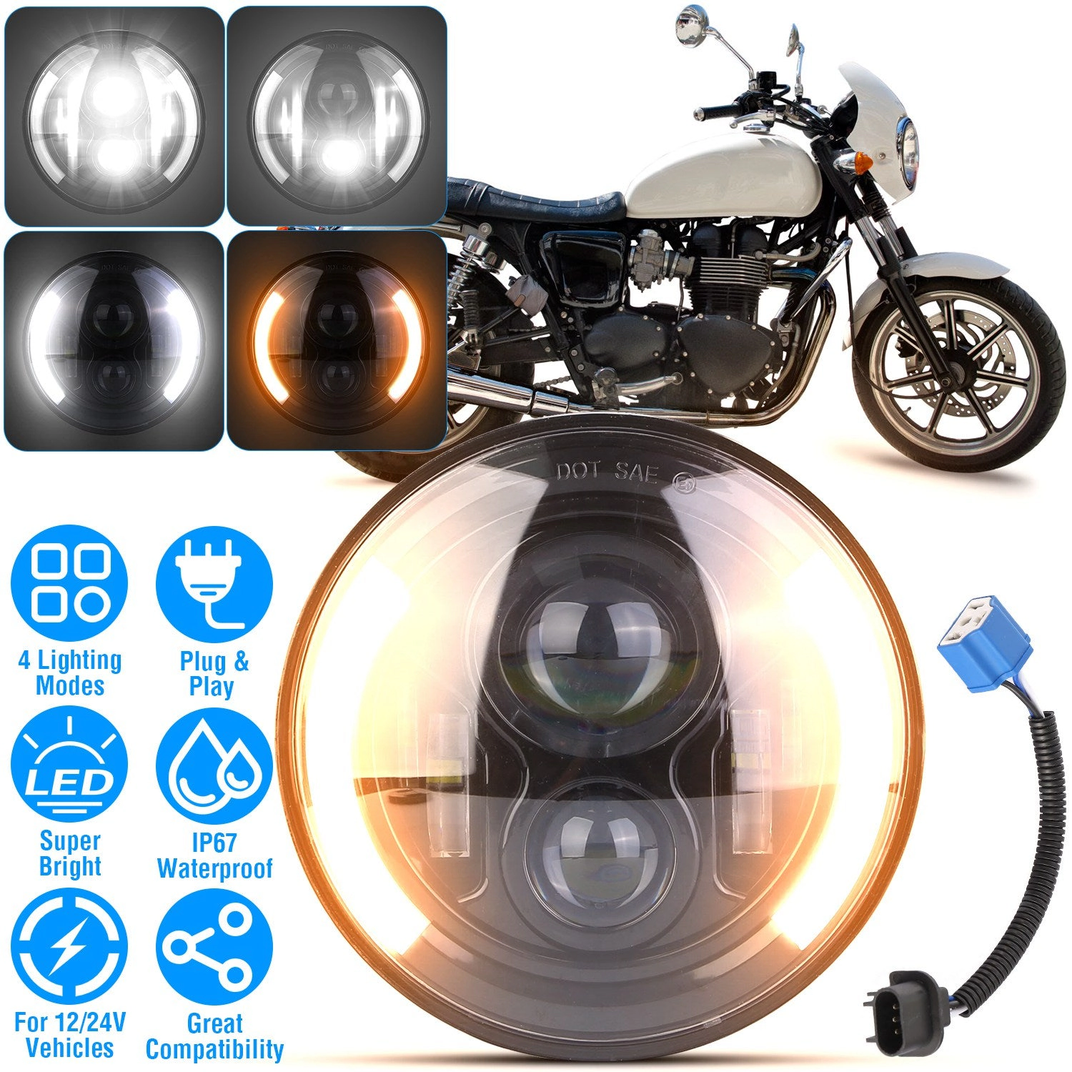 GBruno 7 In 40W Round LED Headlight With Halo DRL