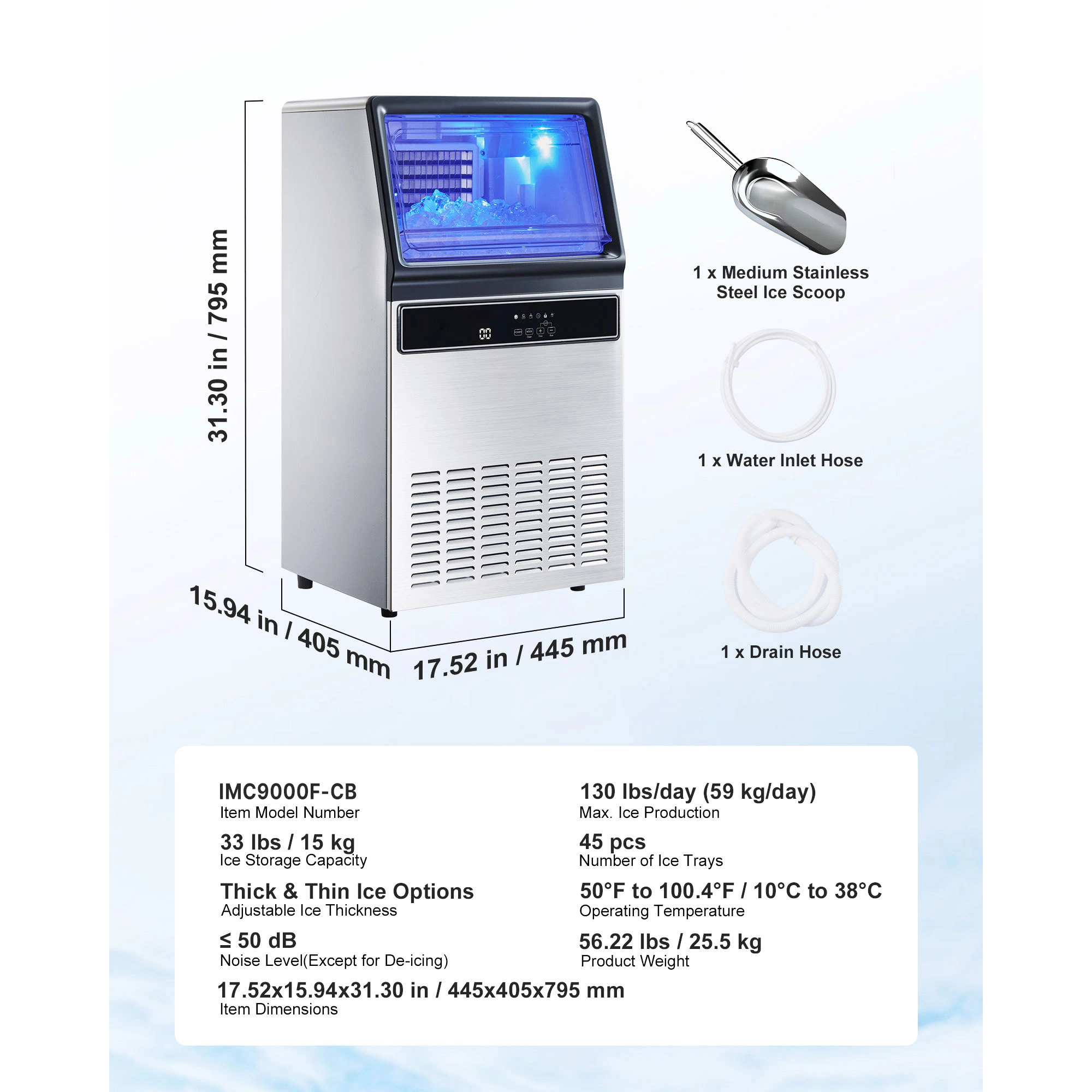 HONGGE Commercial Ice Maker Machine, with Storage, Freestanding Under Counter